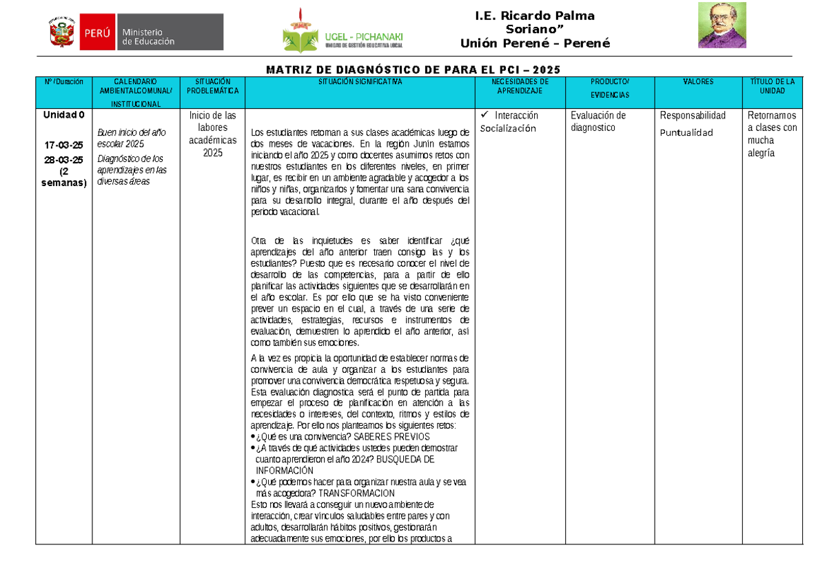 Matriz DE Diagnóstico DE PARA EL PCI Trabajado - Soriano” Unión Perené ...