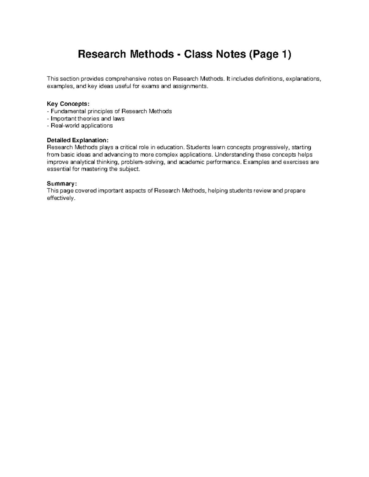 Research Methods Class Notes (Pages 1 & 2) for Exam Prep - Studocu
