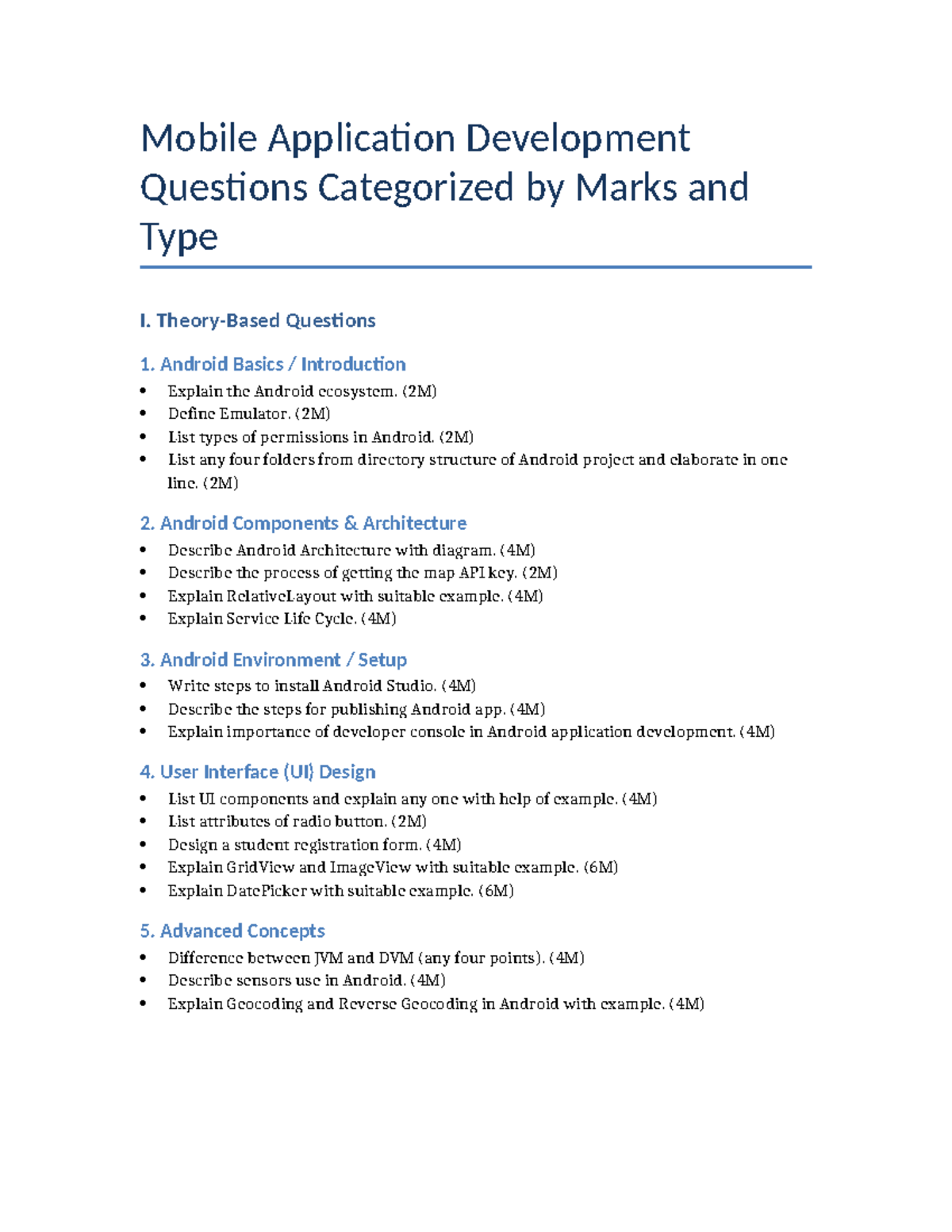 MAD Mobile Application Development: Categorized Questions and Marks ...