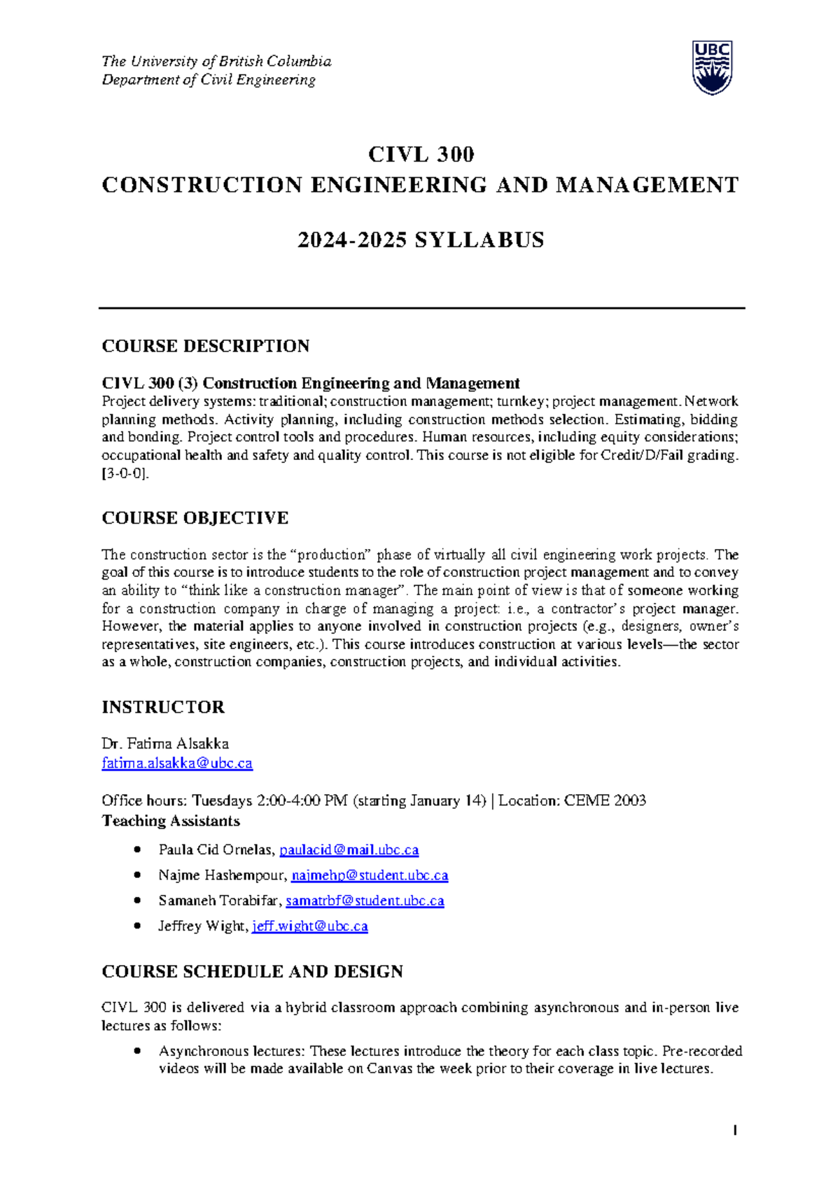 Syllabus for CIVL 300: Construction Engineering & Management (2024-2025 ...