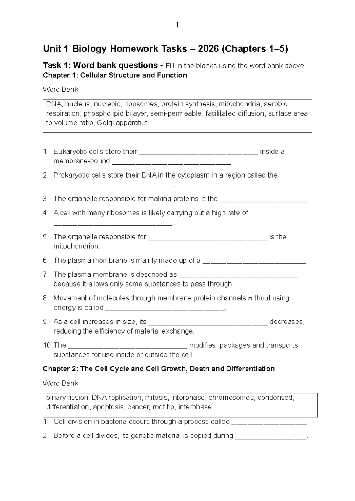 Biology Homework Tasks Revision SEM 1-2026: Chapters 1-10 - Studocu