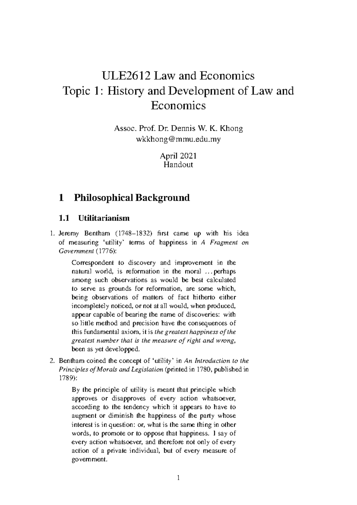 ULE2612 - Handout on the History of Law and Economics Concepts - Studocu