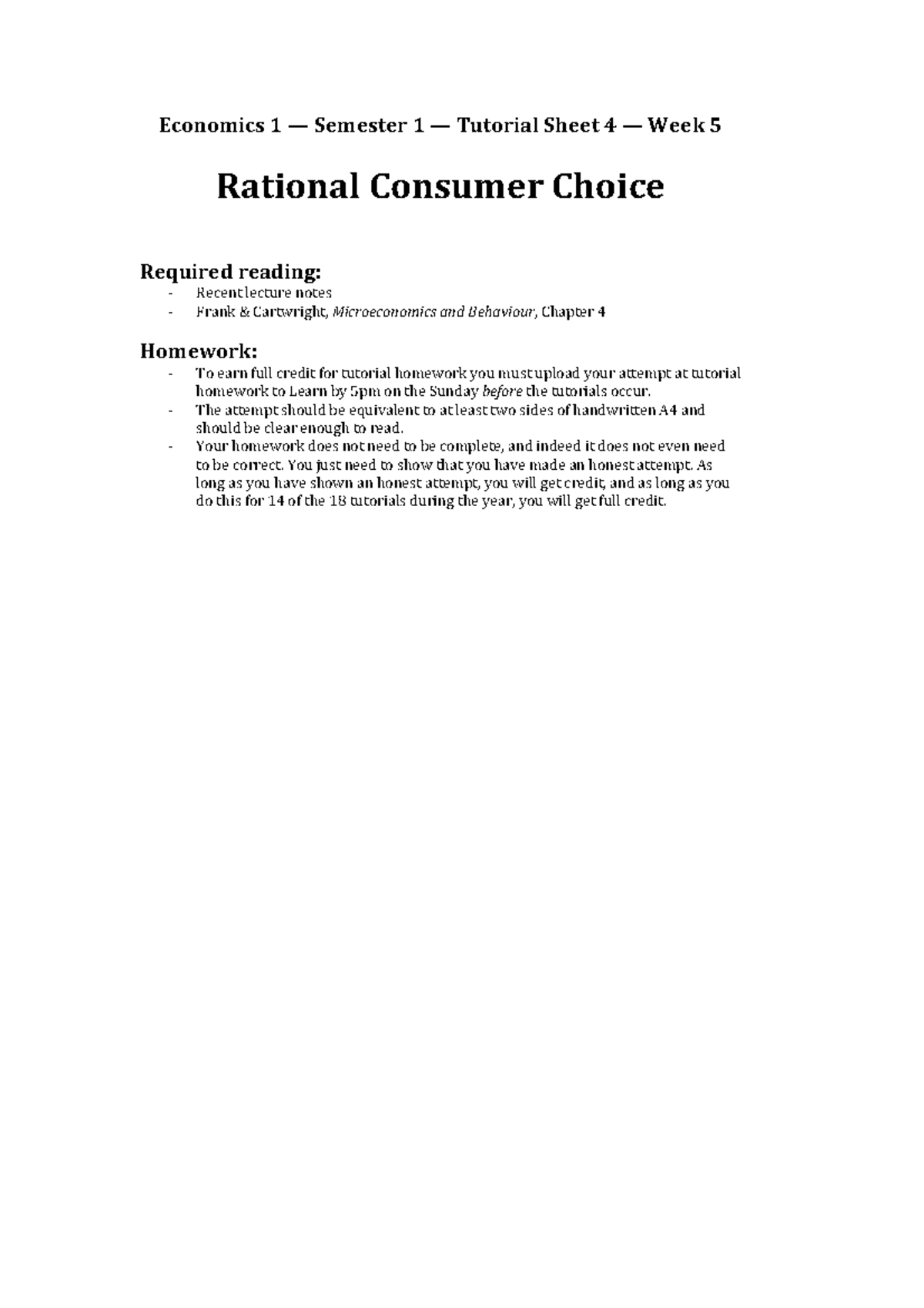Econ 1 – S1 – W5 – Tutorial Questions on Consumer Choice & Math - Studocu
