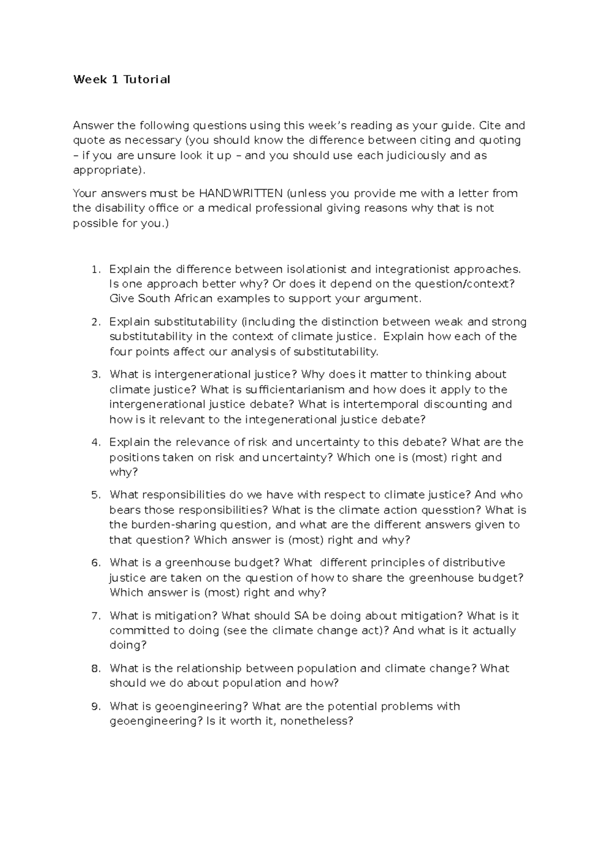 Week 1 Tutorial: Climate Justice Concepts and Questions - Studocu