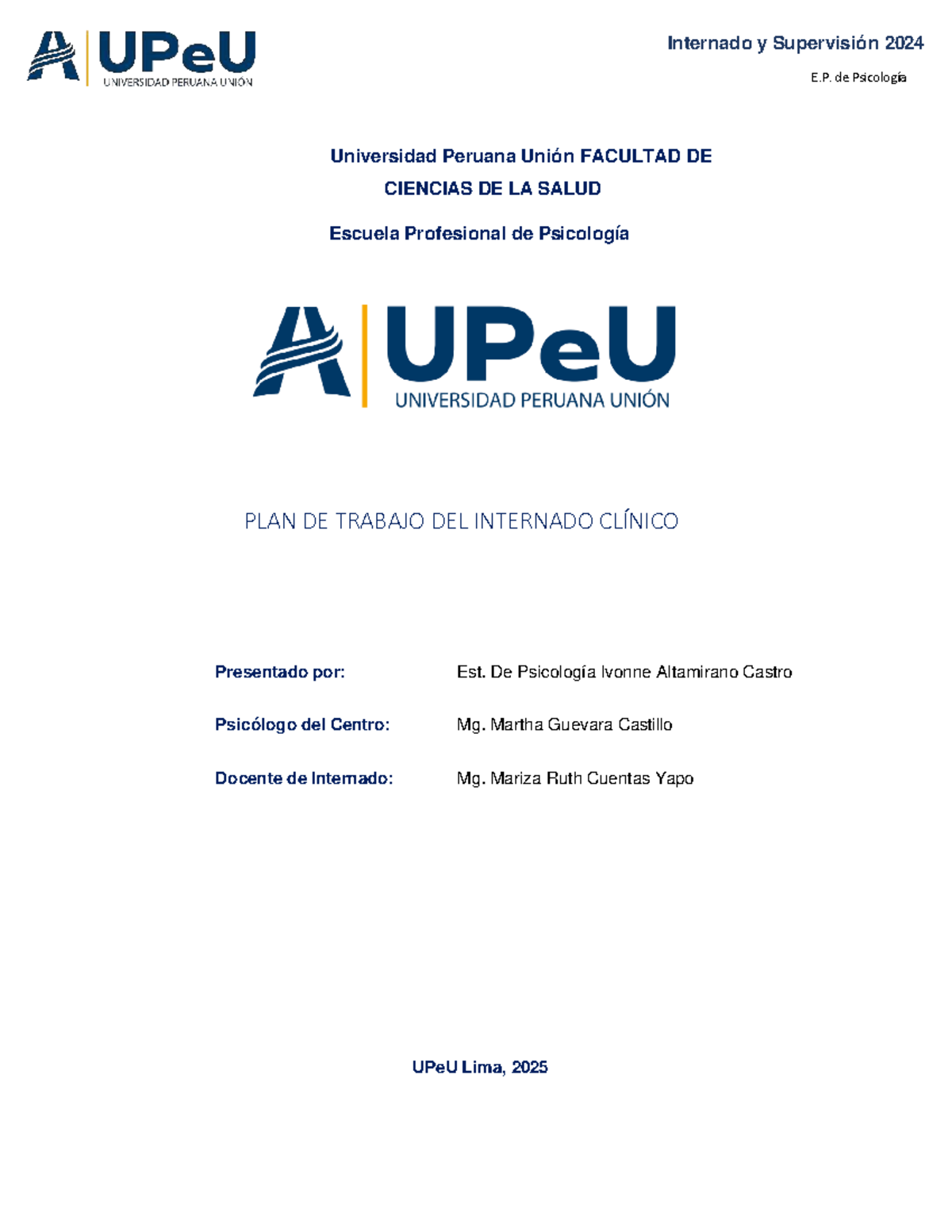 Plan de Trabajo del Internado Clínico 2024 E.P. Psicología UPeU - Document Preview