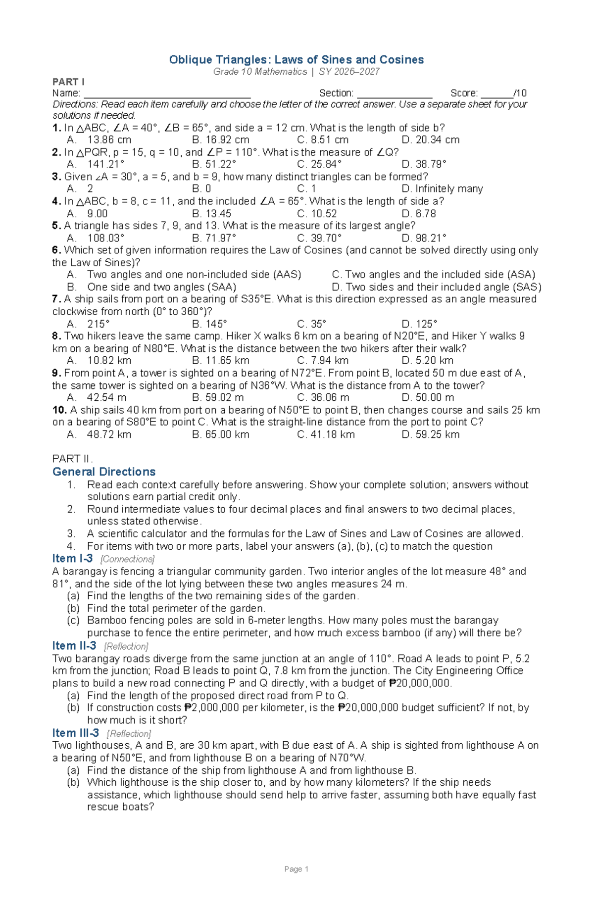 Grade 10 Mathematics MCQ Quiz: Sines & Cosines Concepts - Studocu