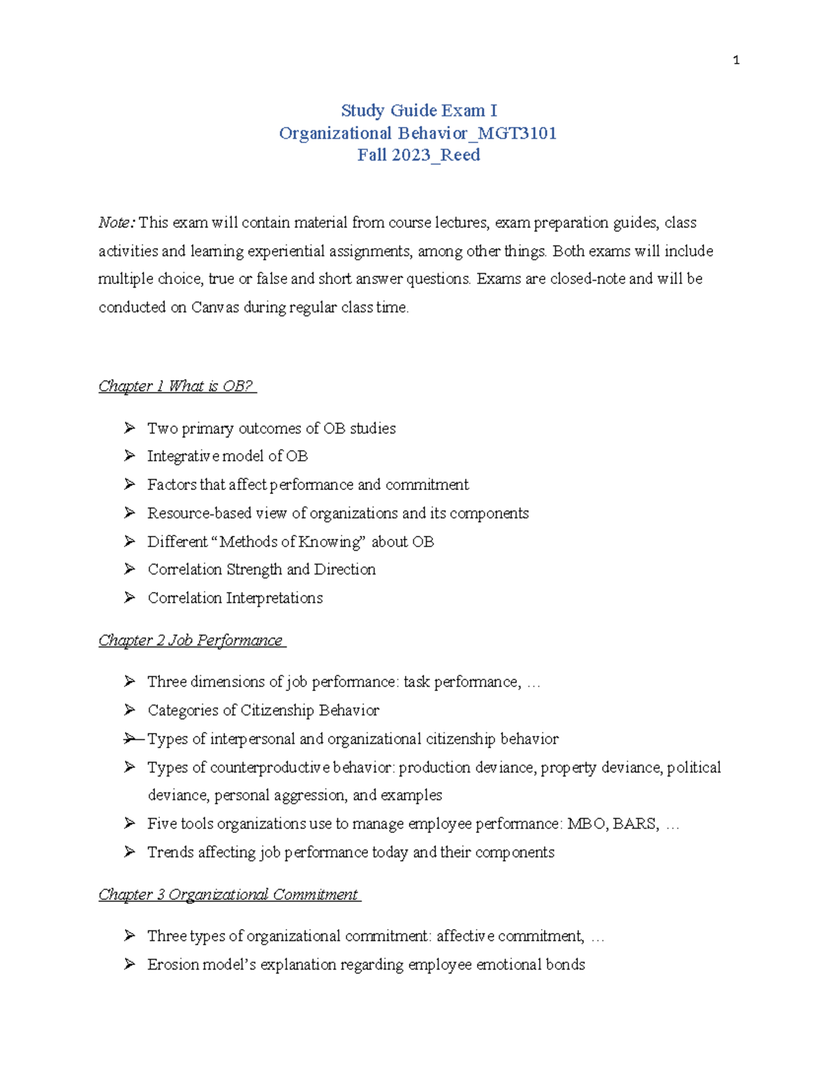 Exam1 Study Guide MGT3101 - 1 Study Guide Exam I Organizational ...