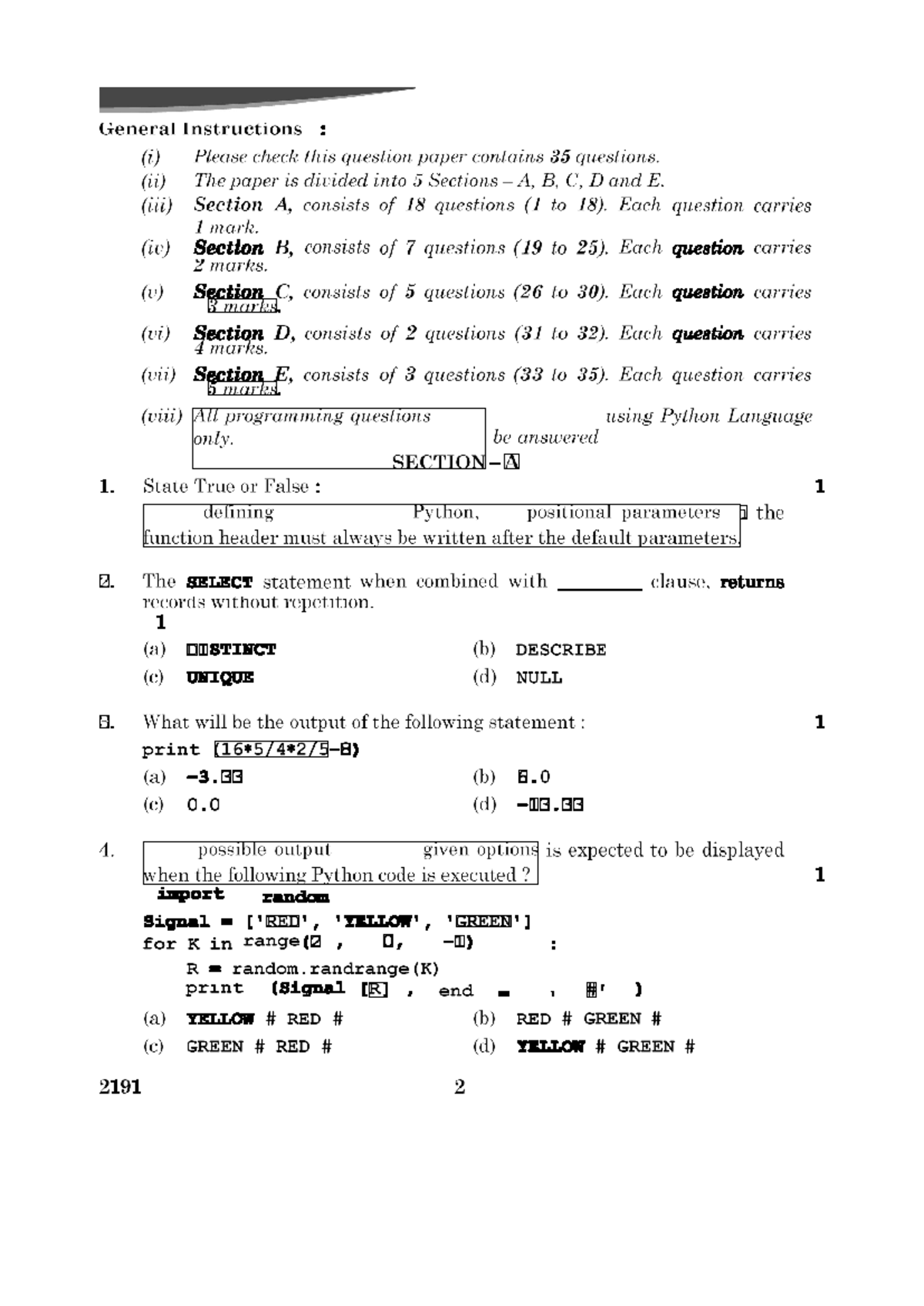 CBSE Class 12 Computer Science removed - General Instructions : (i ...