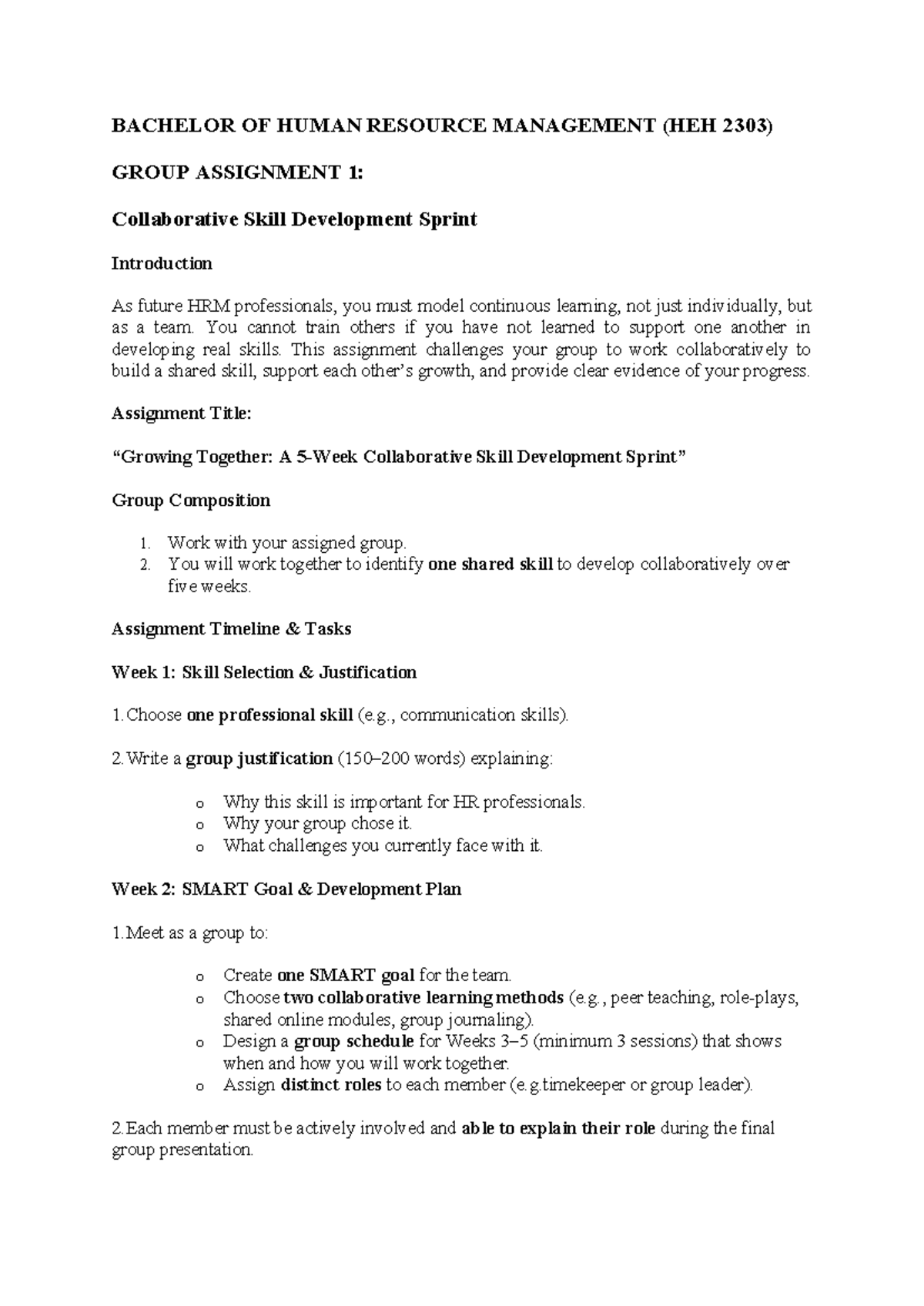 BHRM 2303 Group Assignment 1: Collaborative Skill Development Guide ...