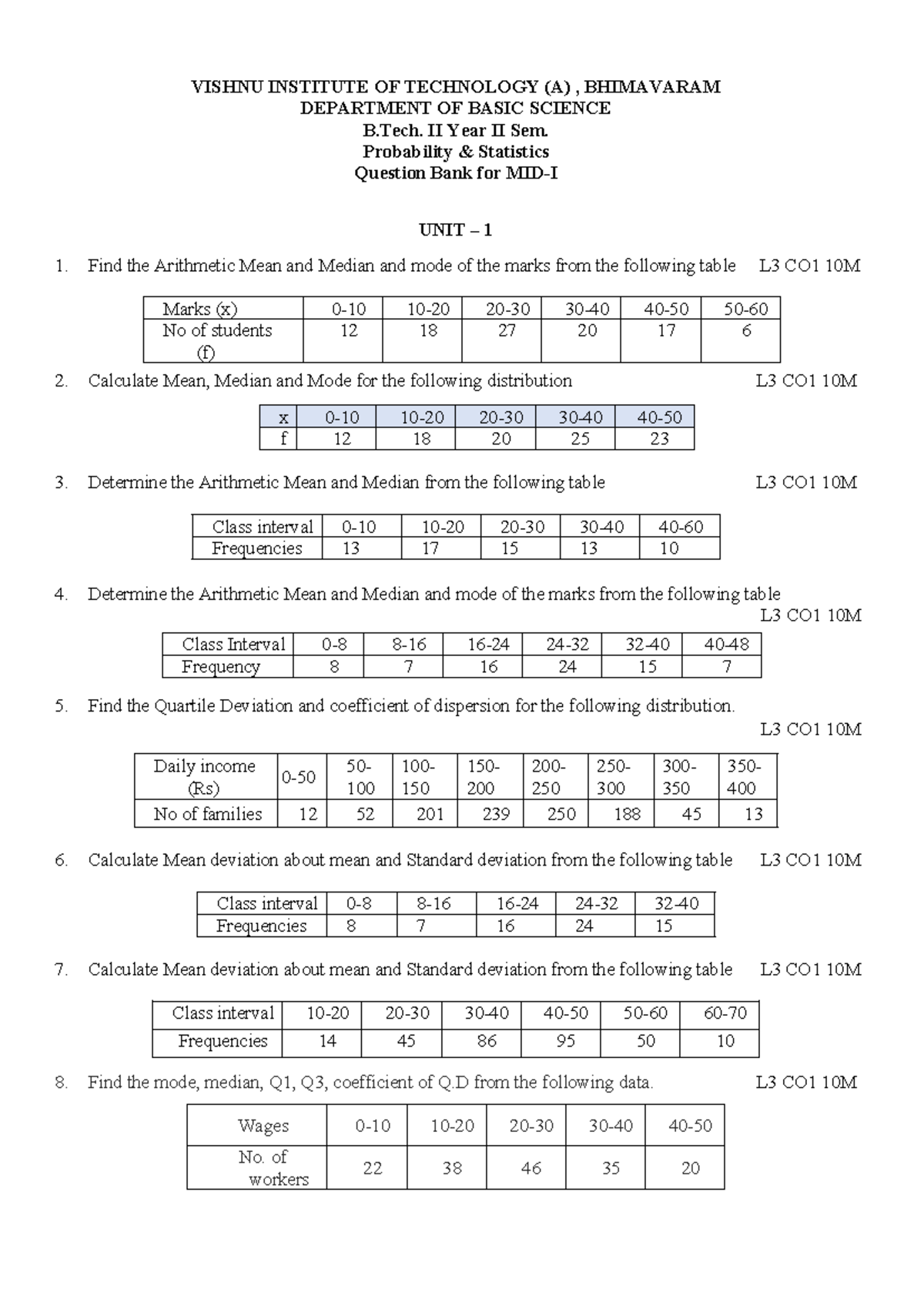 PS B.Tech II Year II Sem Probability & Statistics Unit 1 Question Bank ...