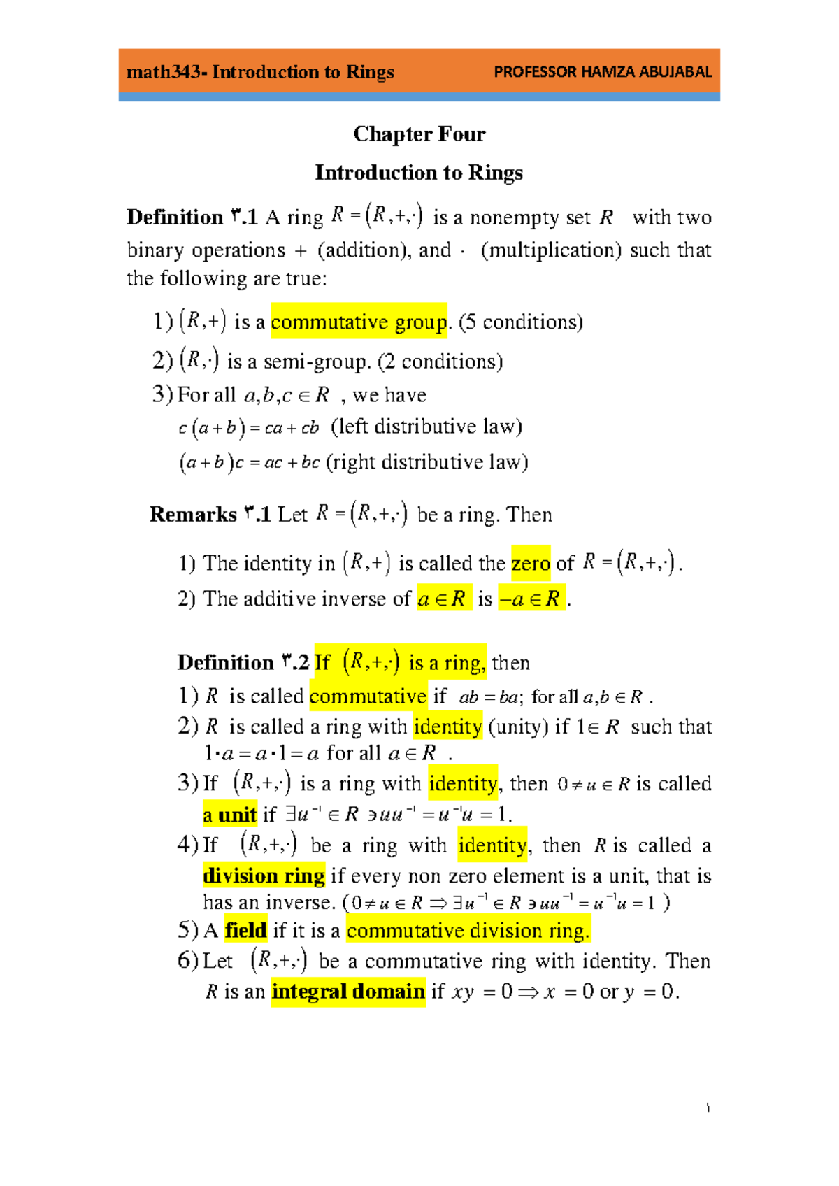 Math343 Chapter 4: Introduction to Rings - Key Concepts and Definitions ...