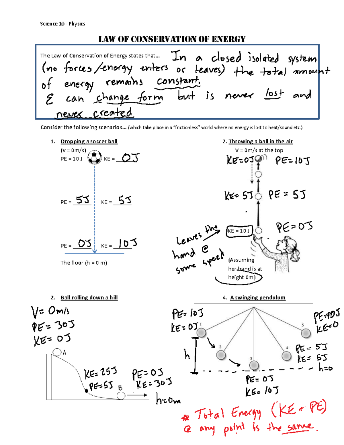Science 10 Physics: Law of Conservation of Energy Practice Worksheet ...