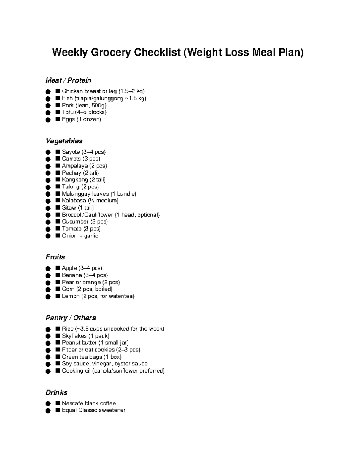 Weekly Grocery Checklist for Weight Loss Meal Plan - Studocu