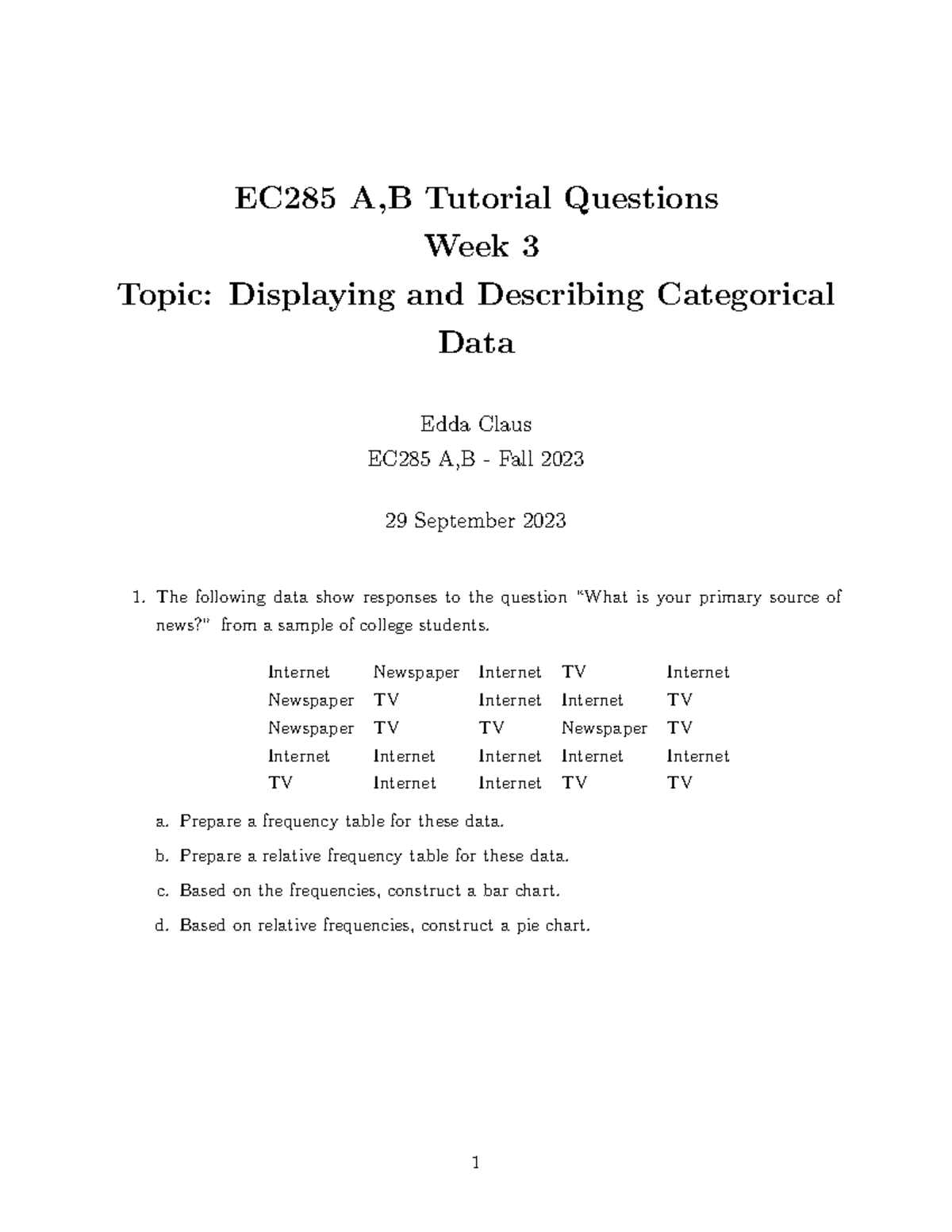 EC285 A,B Week 3 Tutorial Questions - Categorical Data Analysis - Studocu