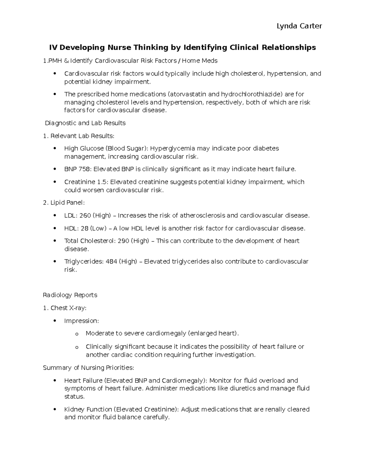IV Developing Nurse Thinking: Analyzing Cardiovascular Risks and ...