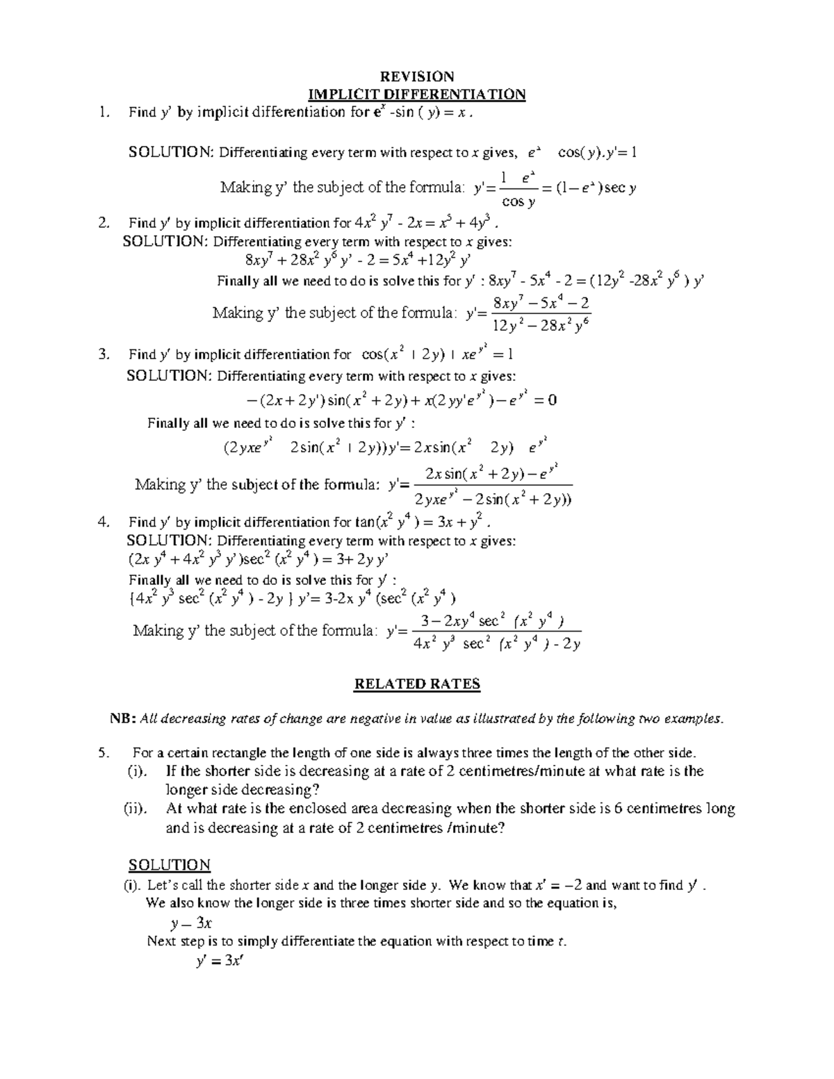Implicit Differentiation Revision Notes for Calculus 101 - Studocu