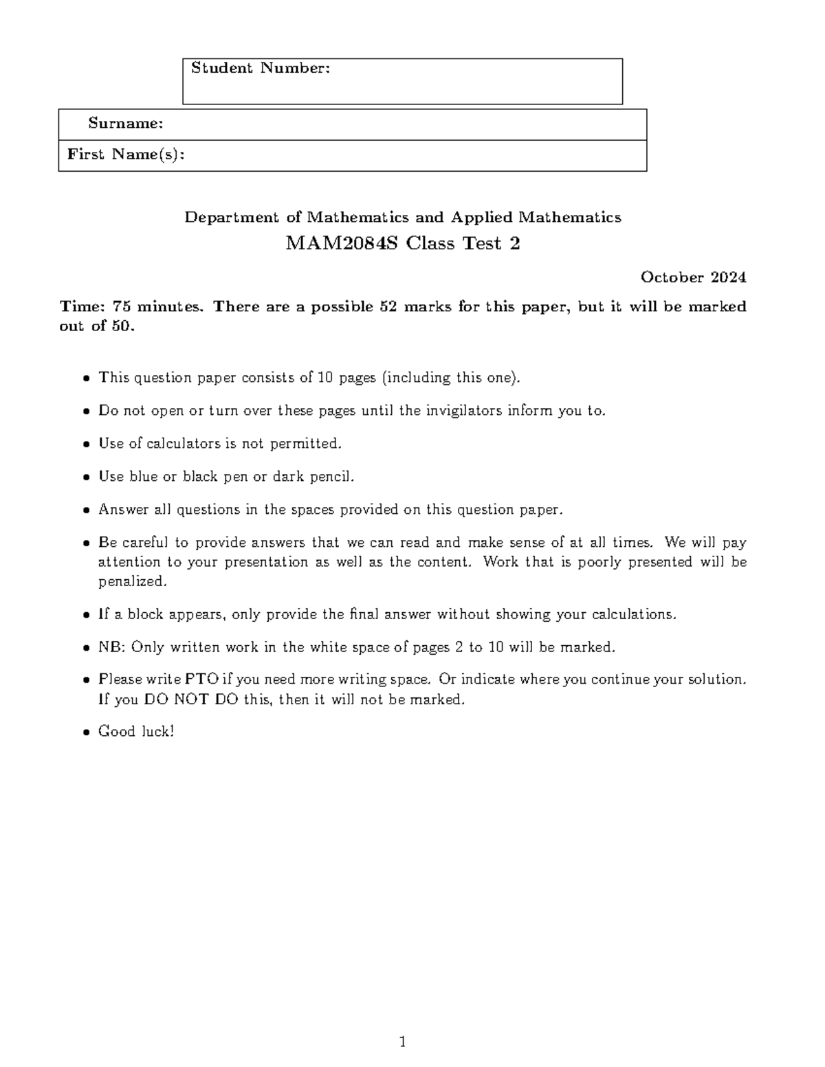 MAM2084S Class Test 2 Memo - October 2024 - Studocu