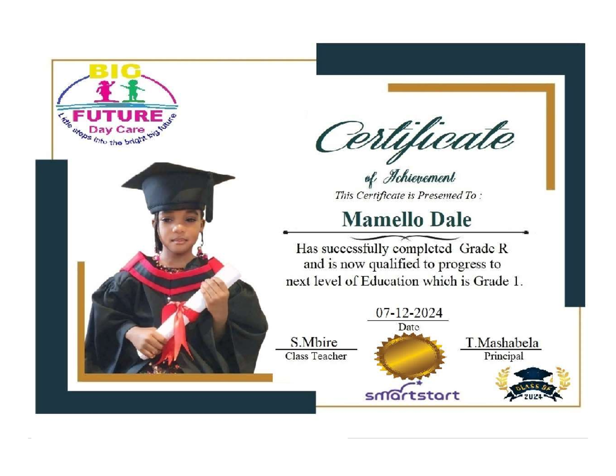 Certificate of Achievement: Grade R Completion for Mamello Dale - Studocu