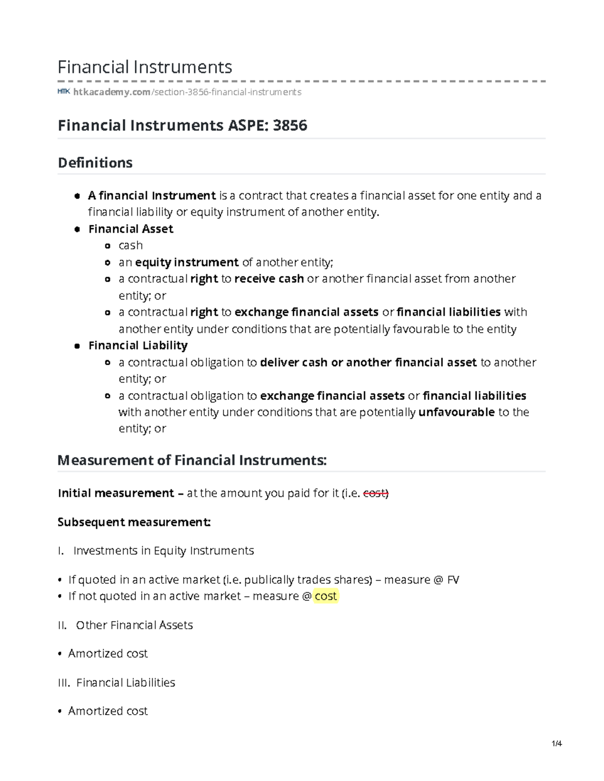 FR-Financial Instruments Overview & Measurement ASPE 3856 - Studocu