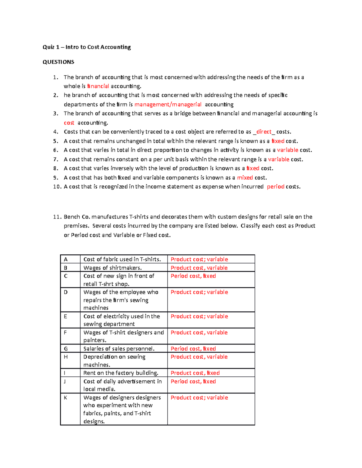 Quiz 1: Intro to Cost Accounting Essentials and Key Concepts - Studocu