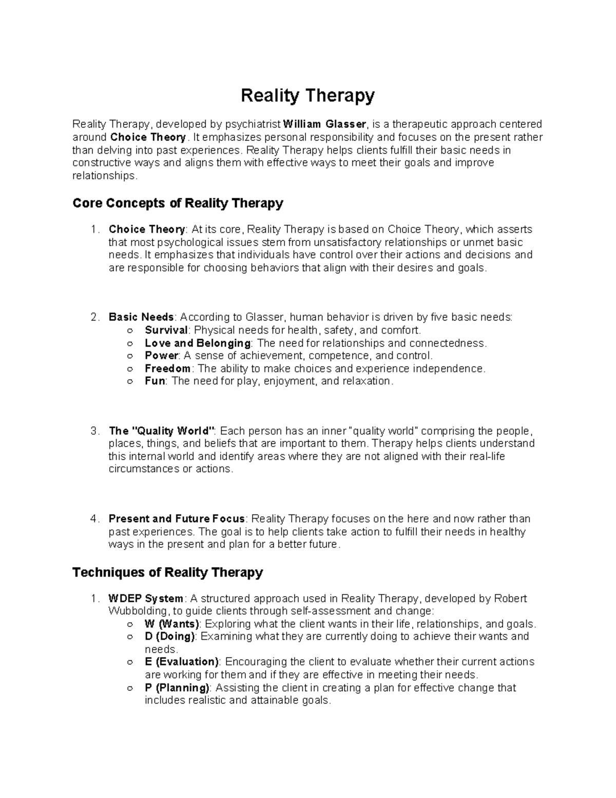 Reality Therapy - Lecture Notes on Choice Theory and Techniques - Studocu