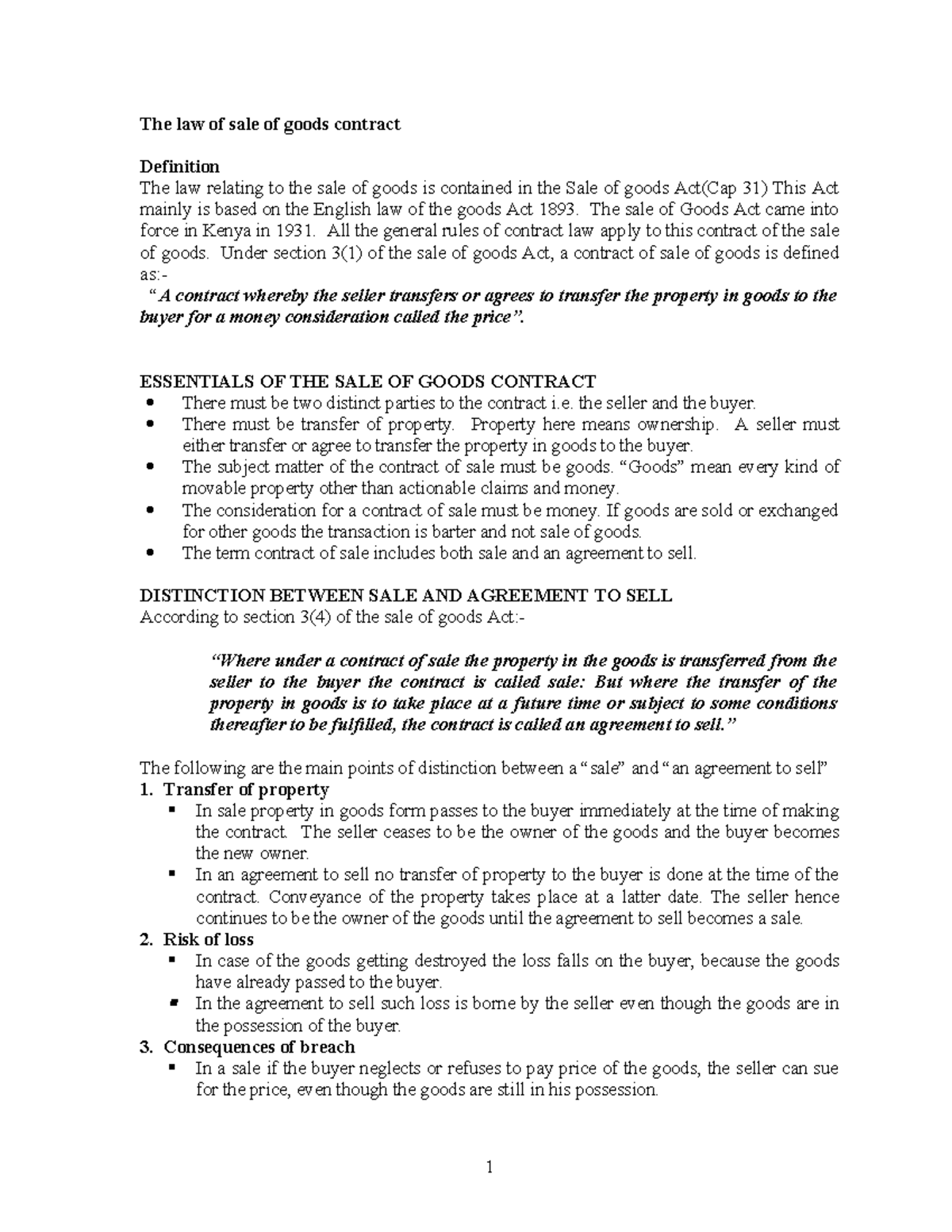 The Law of Sale of Goods Contract: Key Definitions and Principles (Cap ...