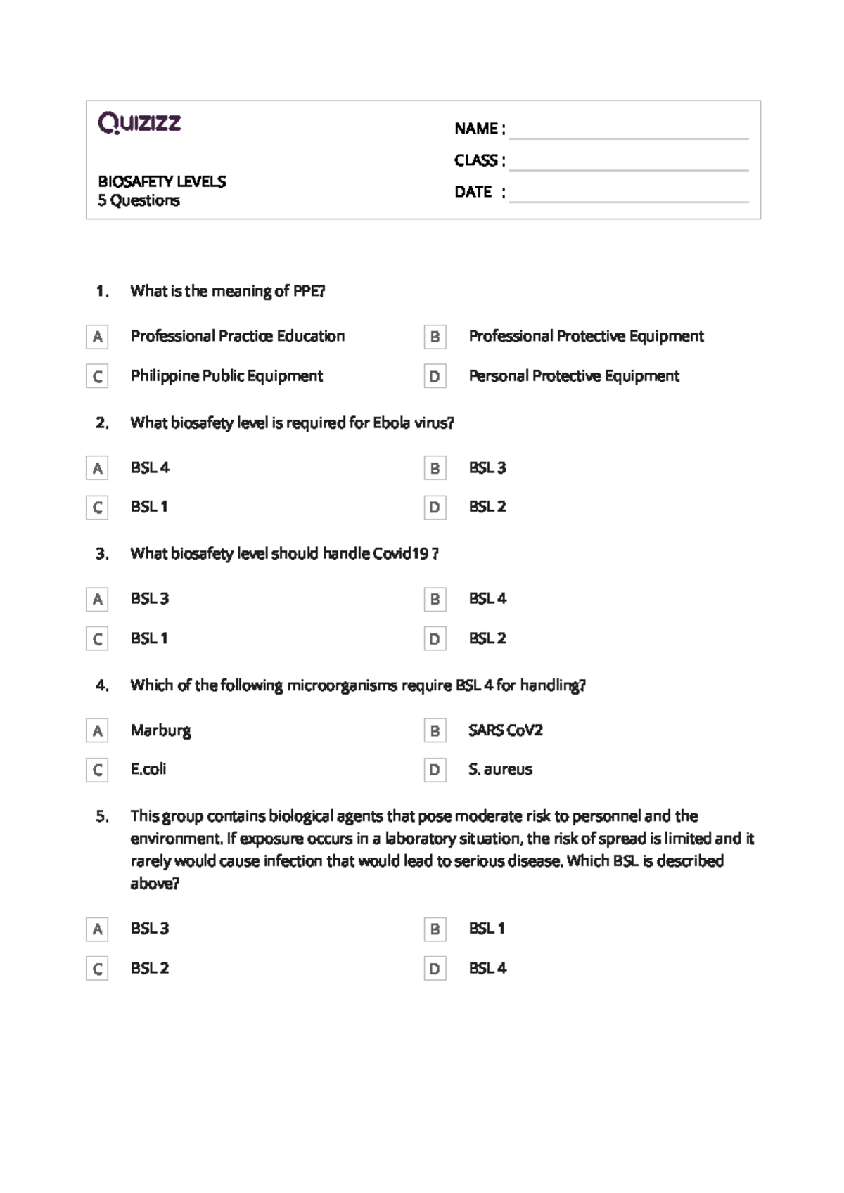 Quiz on Biosafety Levels (BSL) for Laboratory Safety Assessment - Studocu