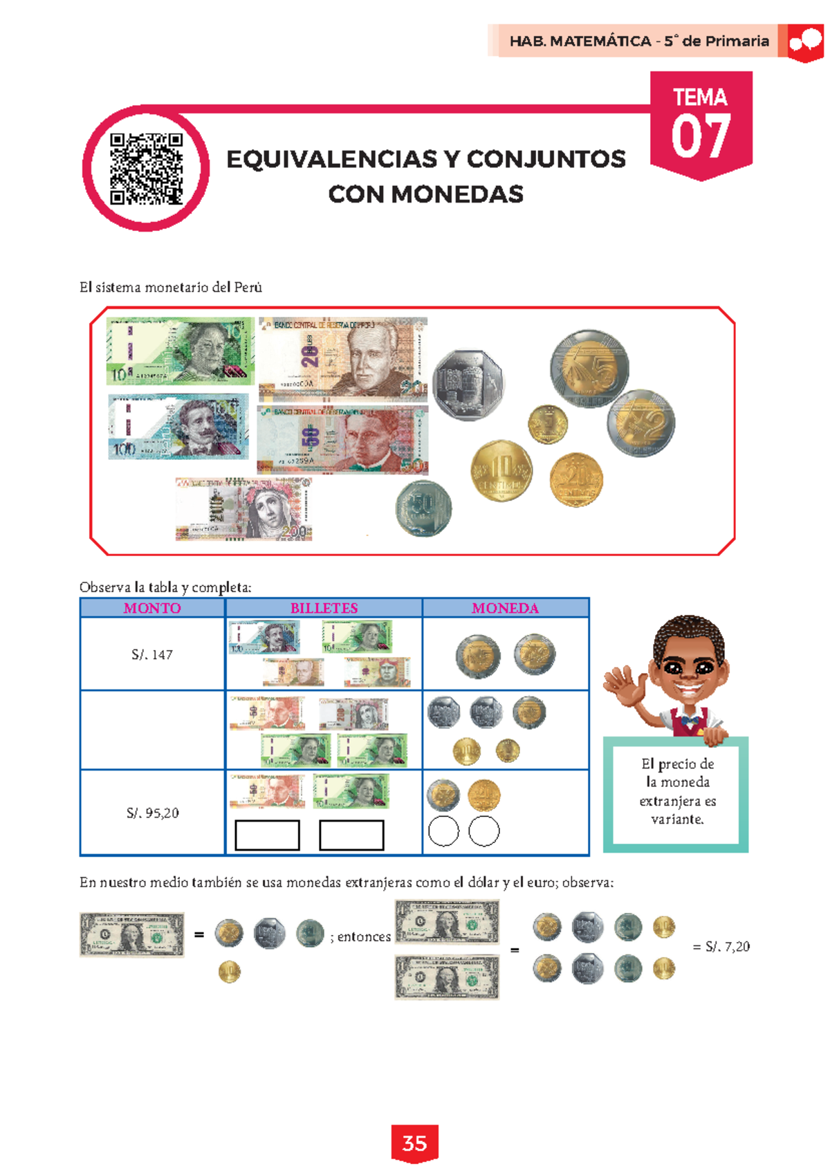 HAB. Matemática 5º - Tema 7: Equivalencias y Conjuntos con Monedas - Document Preview