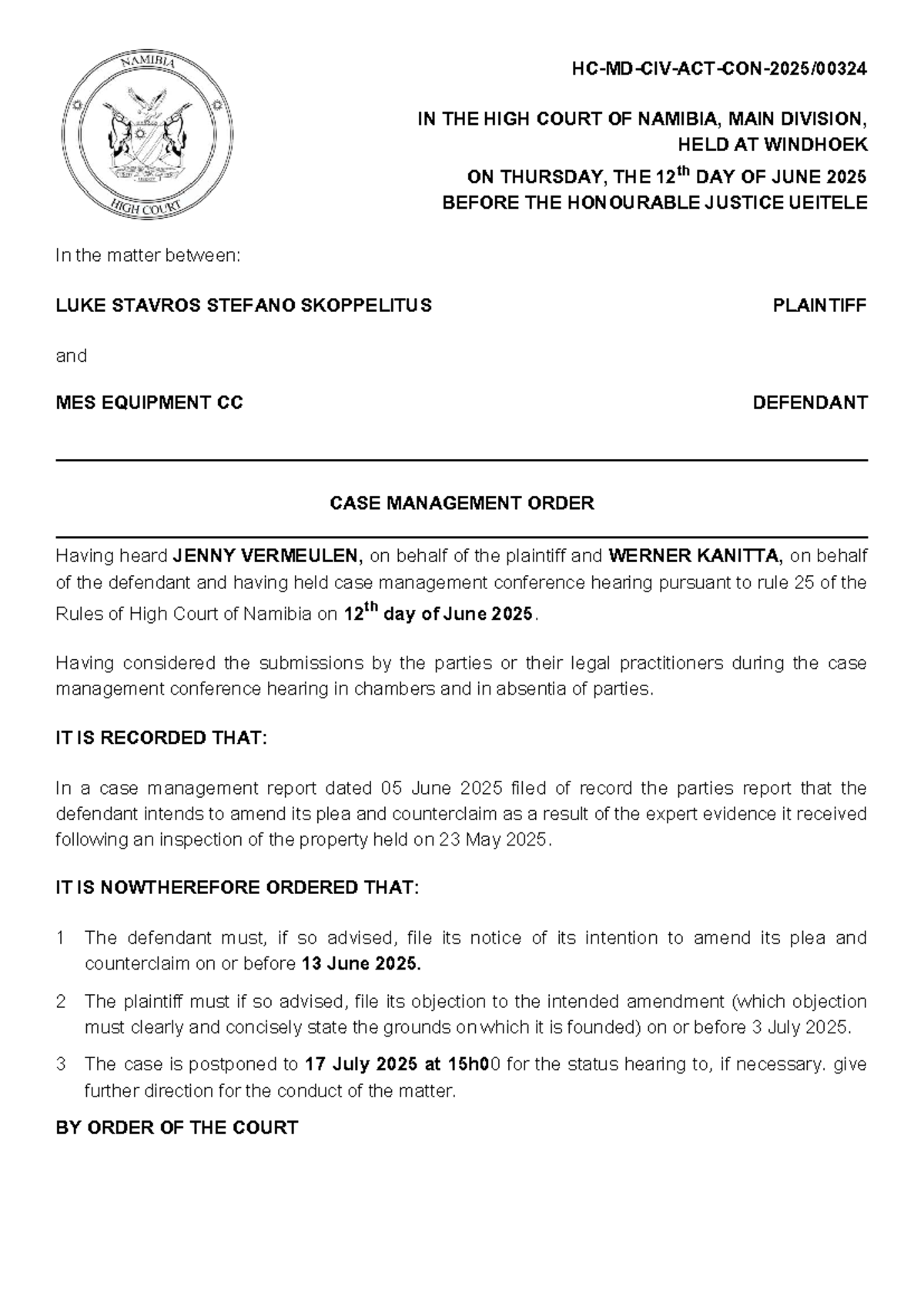 Case Management Order: Skoppelitus v. MES Equipment CC (High Court - MD ...