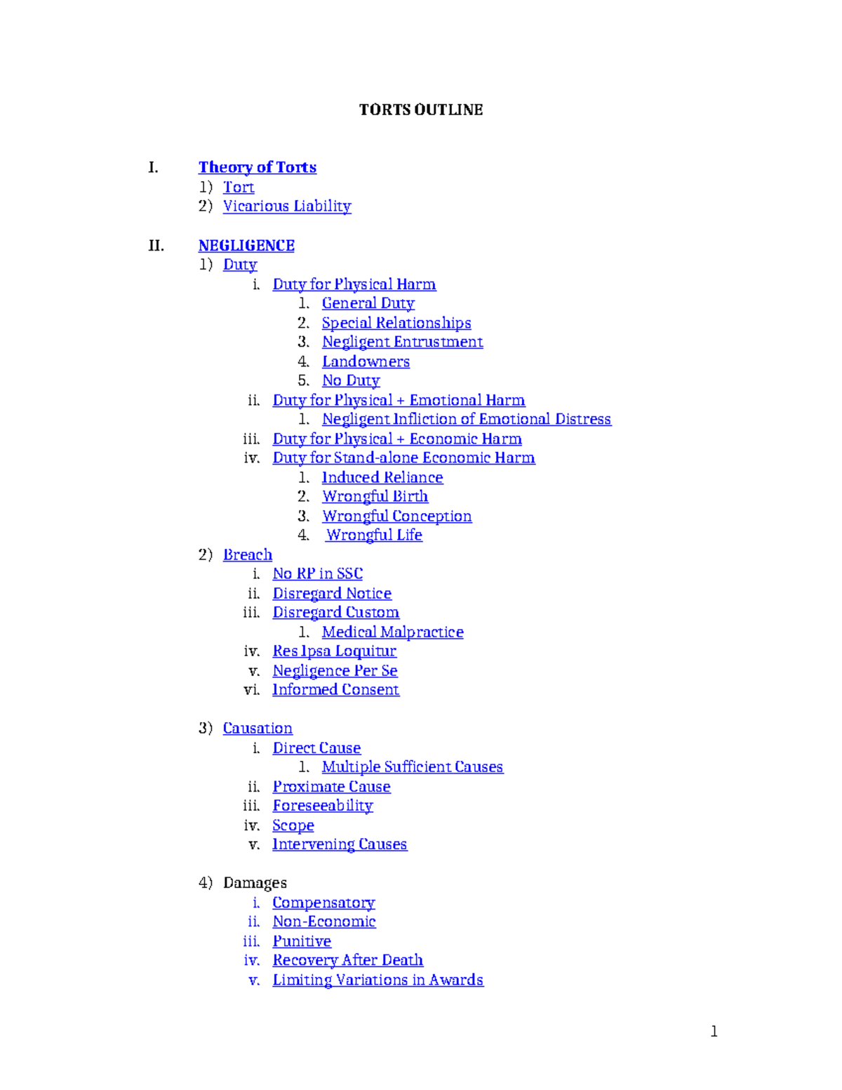 Torts Comprehensive Outline: Key Concepts and Legal Principles 2021 ...