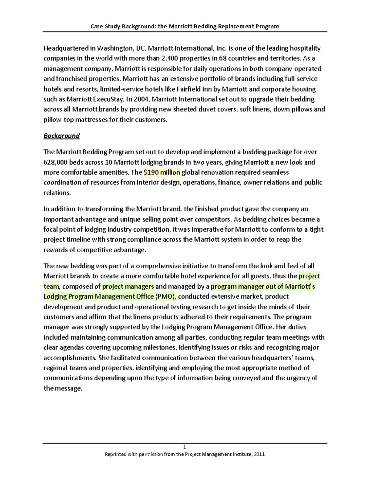 Marriott Bedding Program Case Study (Operations Management) - Studocu