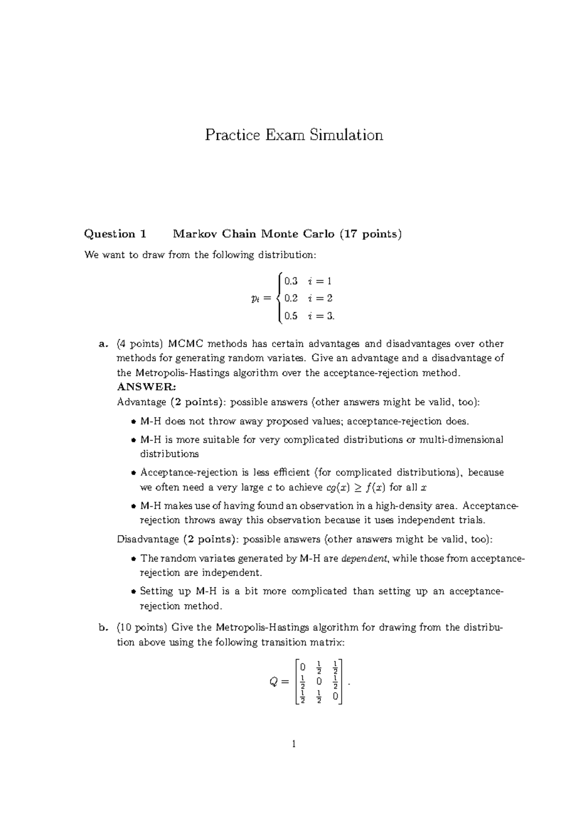 MATH601: Practice Exam Solutions with MCMC and Monte Carlo Techniques ...
