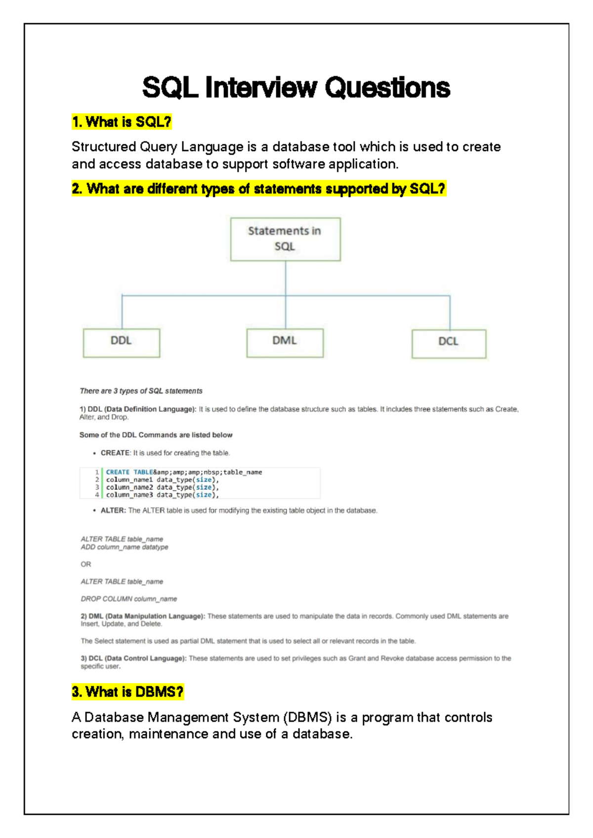 SQL Interview Questions: Key Concepts and Techniques for Mastery - Studocu