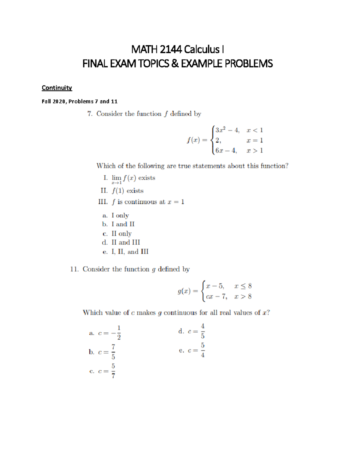 MATH 2144 - Final Exam Topics & Example Problems for Calculus I - Studocu