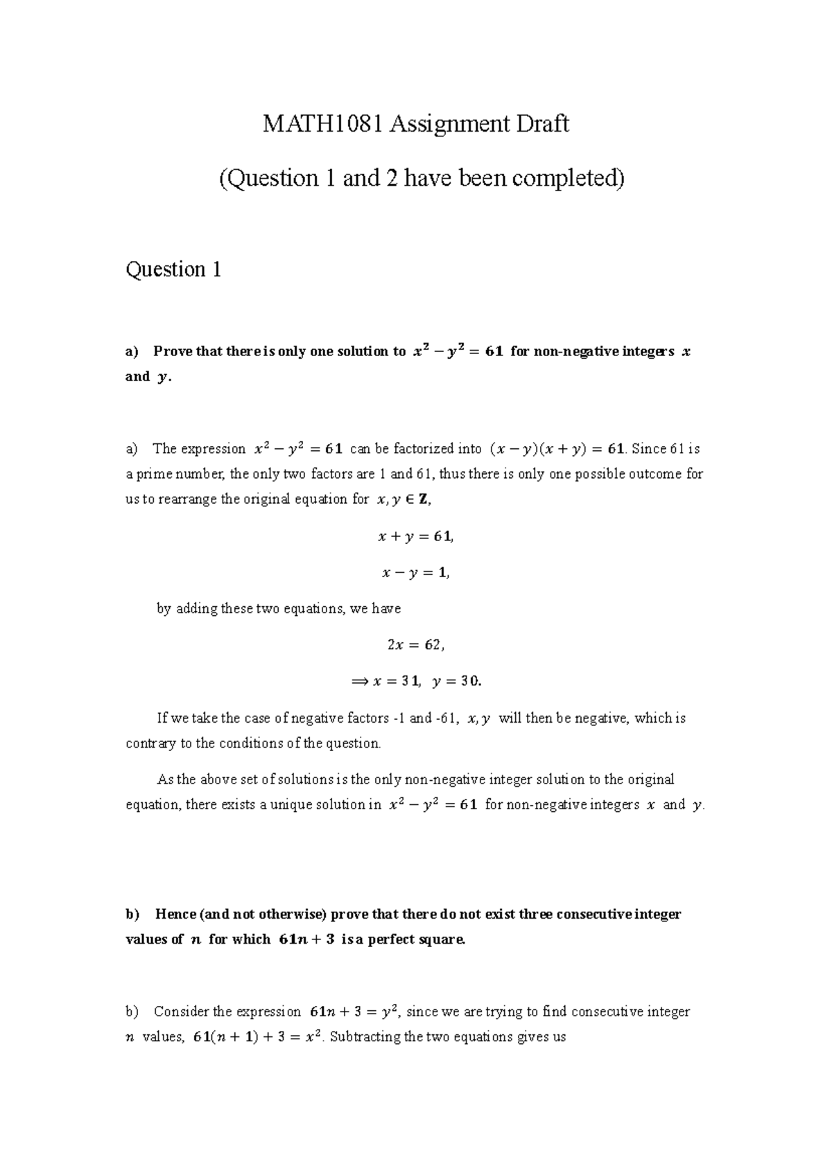 Upload 1081 draft - MATH1081 Assignment Draft (Question 1 and 2 have ...