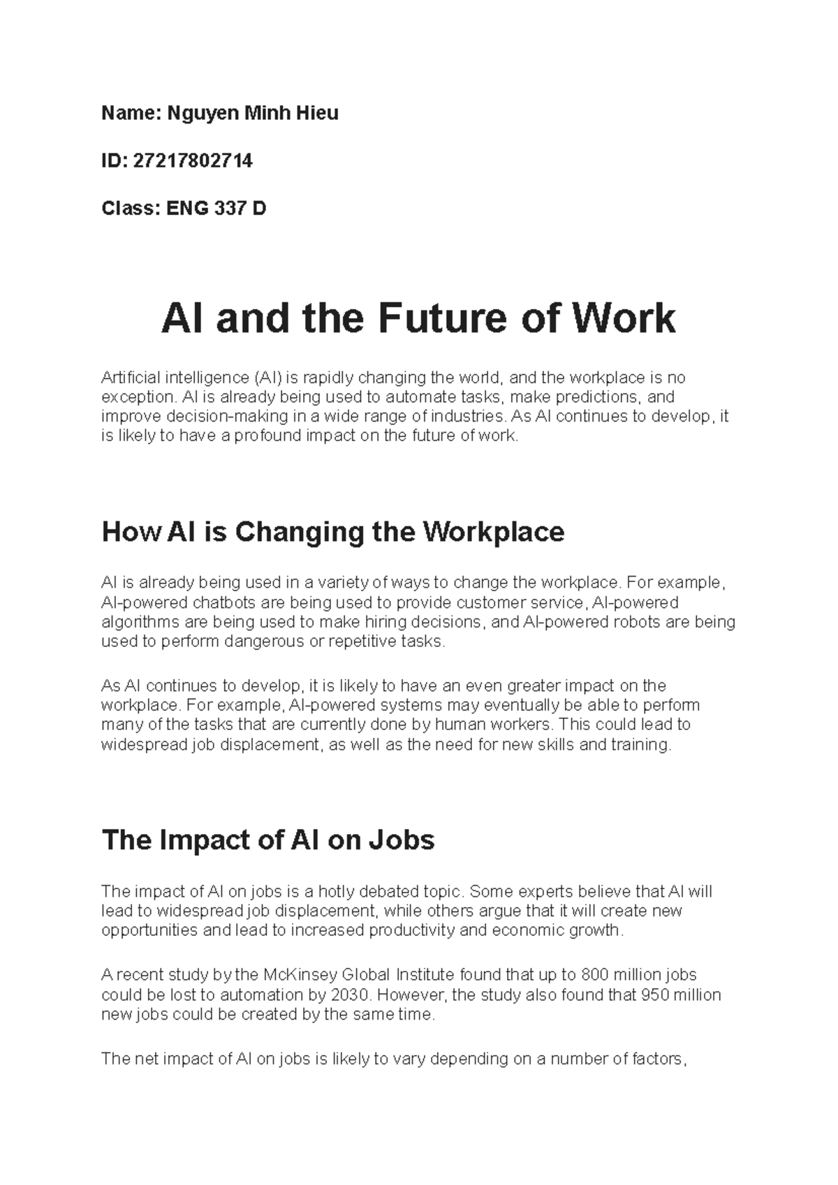 Future of Work: AI's Impact on Jobs & Skills | ENG 337 Essay - Studocu