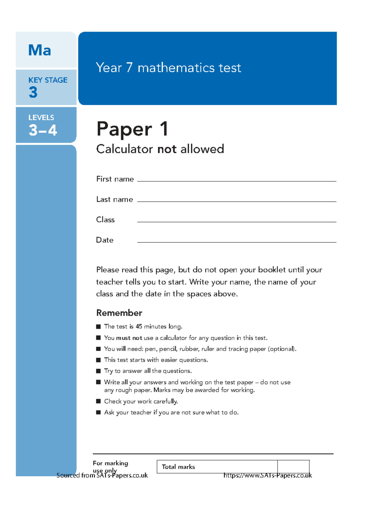 Year 7 Mathematics Test Paper 1 (Calculator Not Allowed) - Studocu
