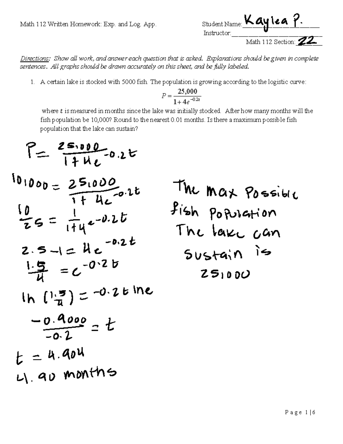 Math 112 Written Homework: Exponential and Logarithmic Applications ...