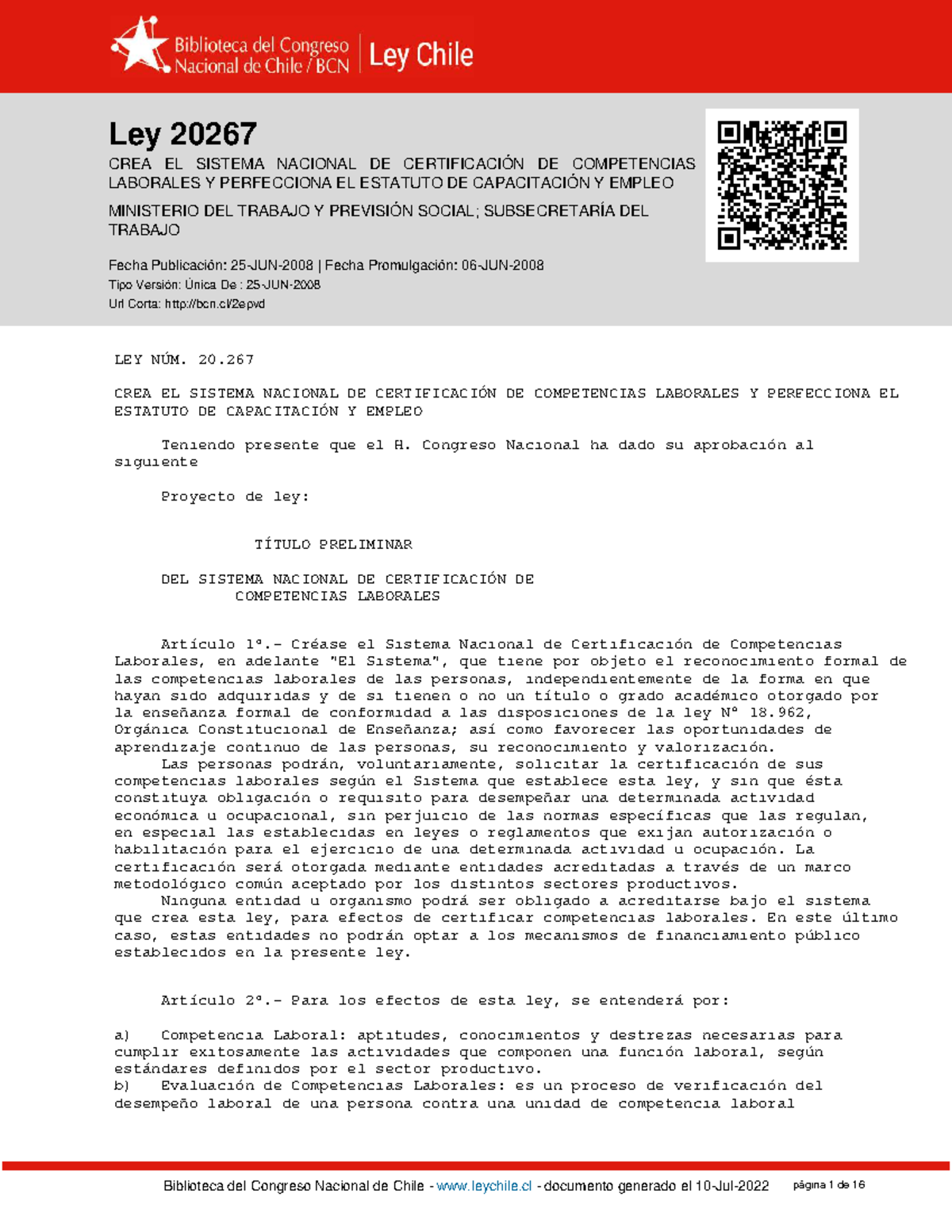 Ley 20267: Sistema Nacional de Certificación de Competencias Laborales ...