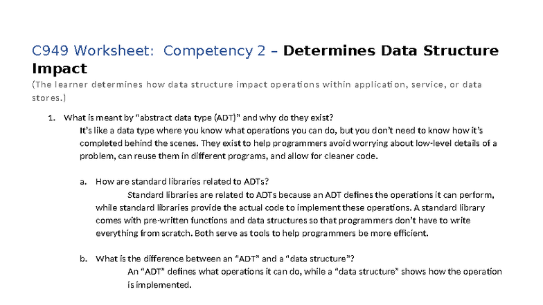 C949 Worksheet: Data Structures and Their Impact on Operations - Studocu