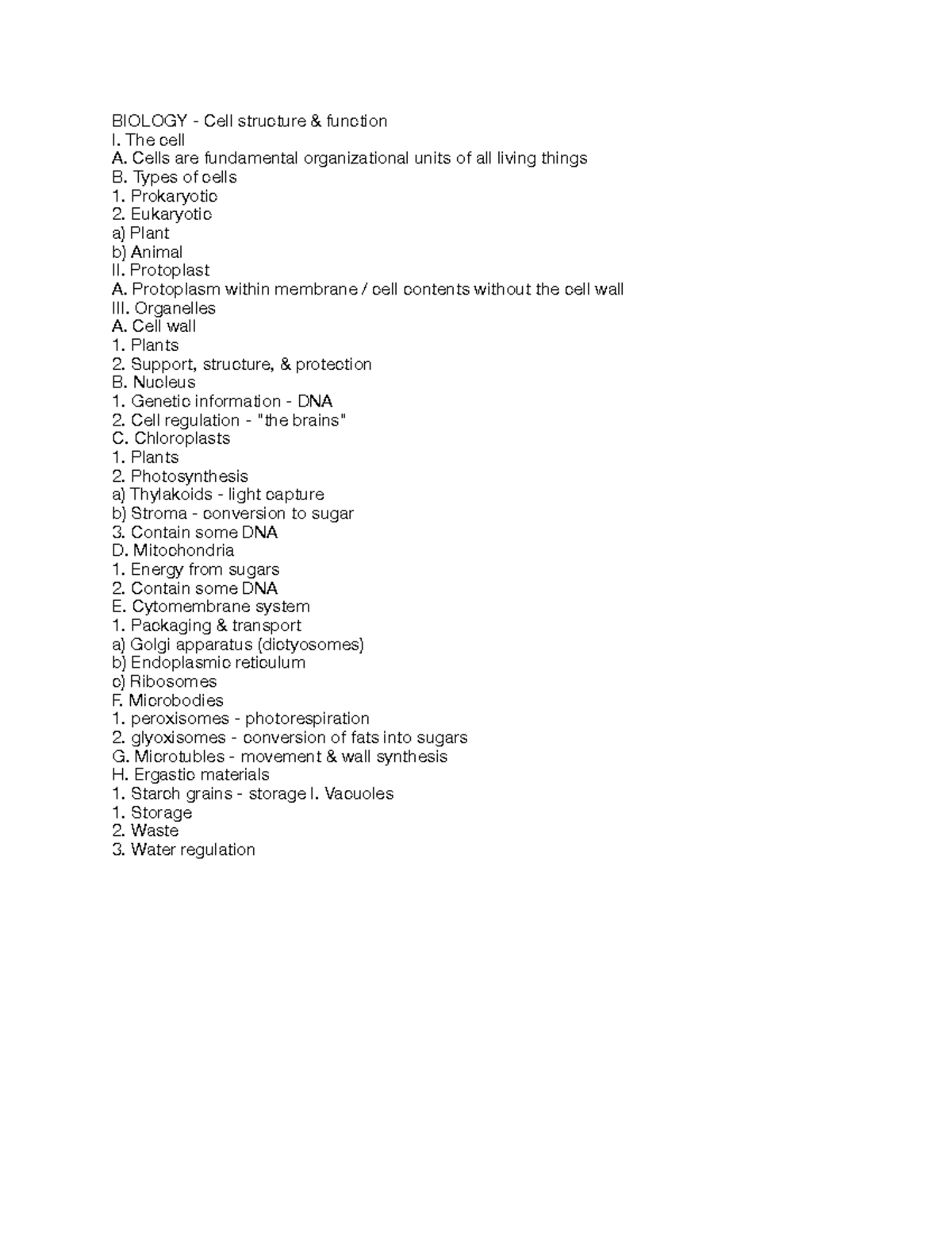 Bio 4 - Notes - BIOLOGY - Cell structure & function I. The cell A ...