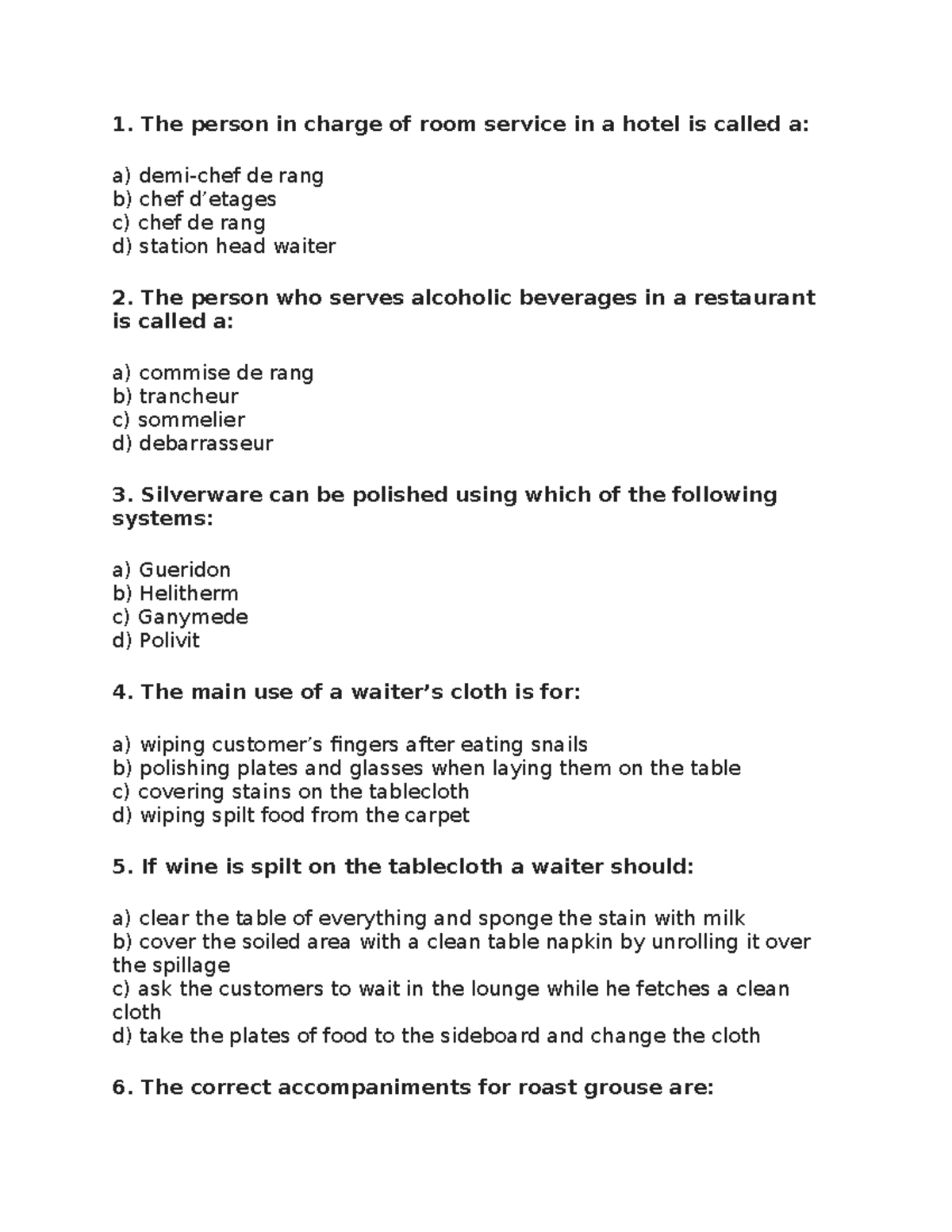 Food and beverage - These are the mcq which are for practice - The ...