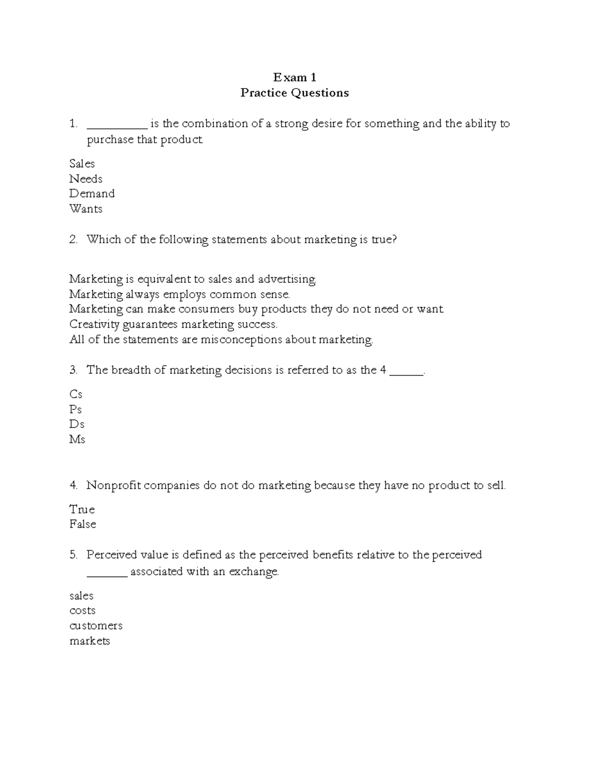 Marketing Exam 1 Practice Questions & Key Concepts - Studocu