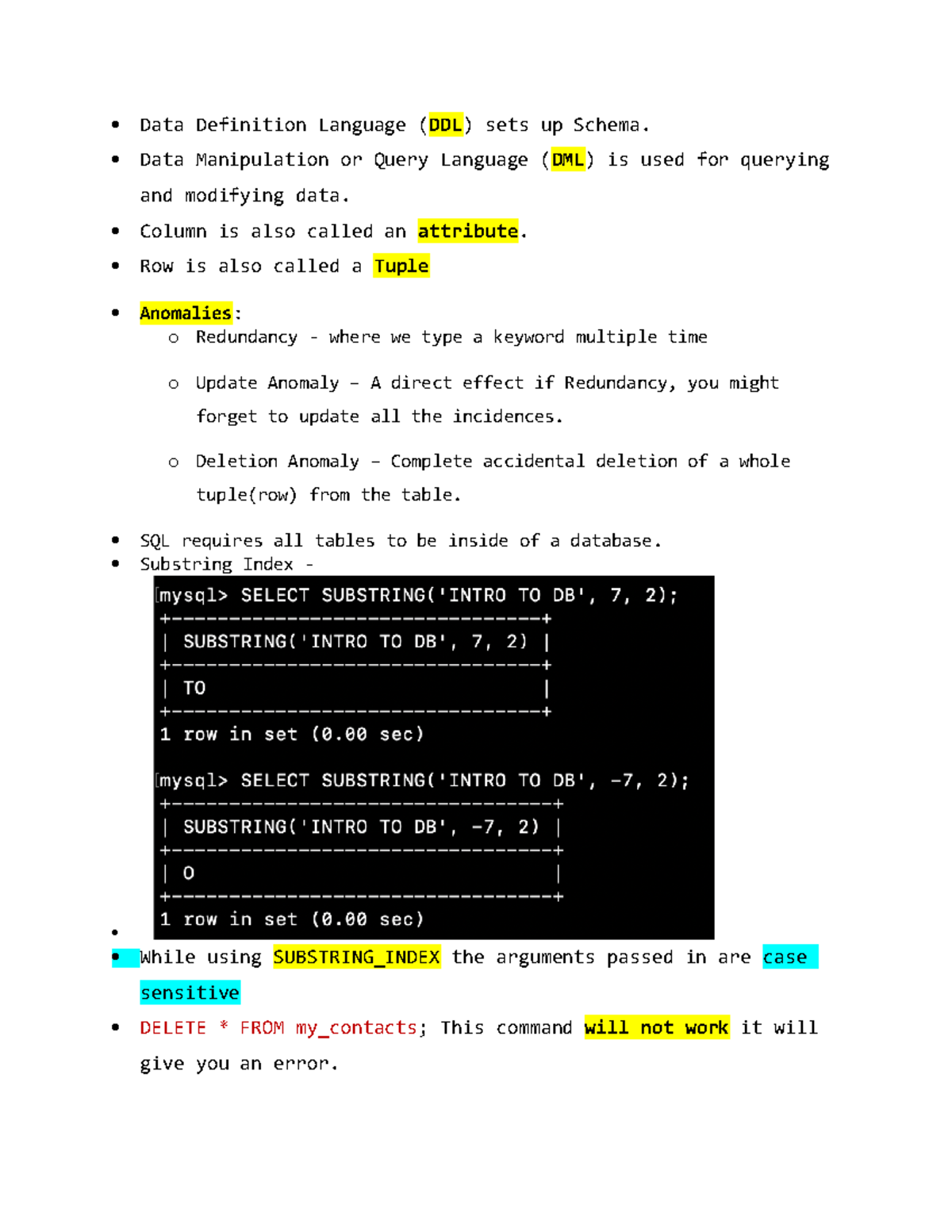 Midterm Exam Revision Notes for DAtabase Systems - Prof. Hidalgo - Studocu