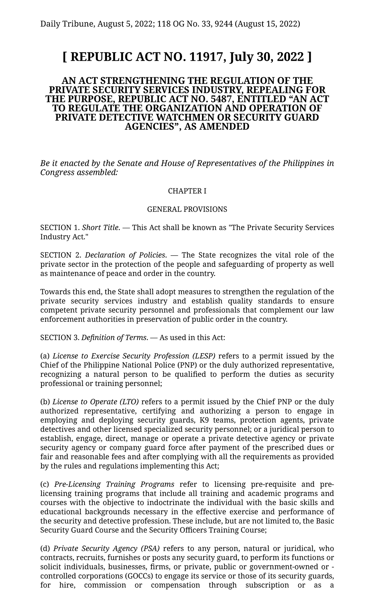 RA 11917 - Strengthening Regulation of Private Security Services - Studocu