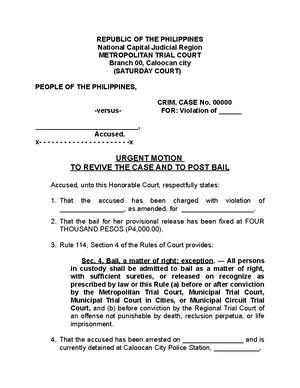 MOTION FOR BAIL IN CRIMINAL CASE NO. ________ - PEOPLE VS. [NAME] - Studocu