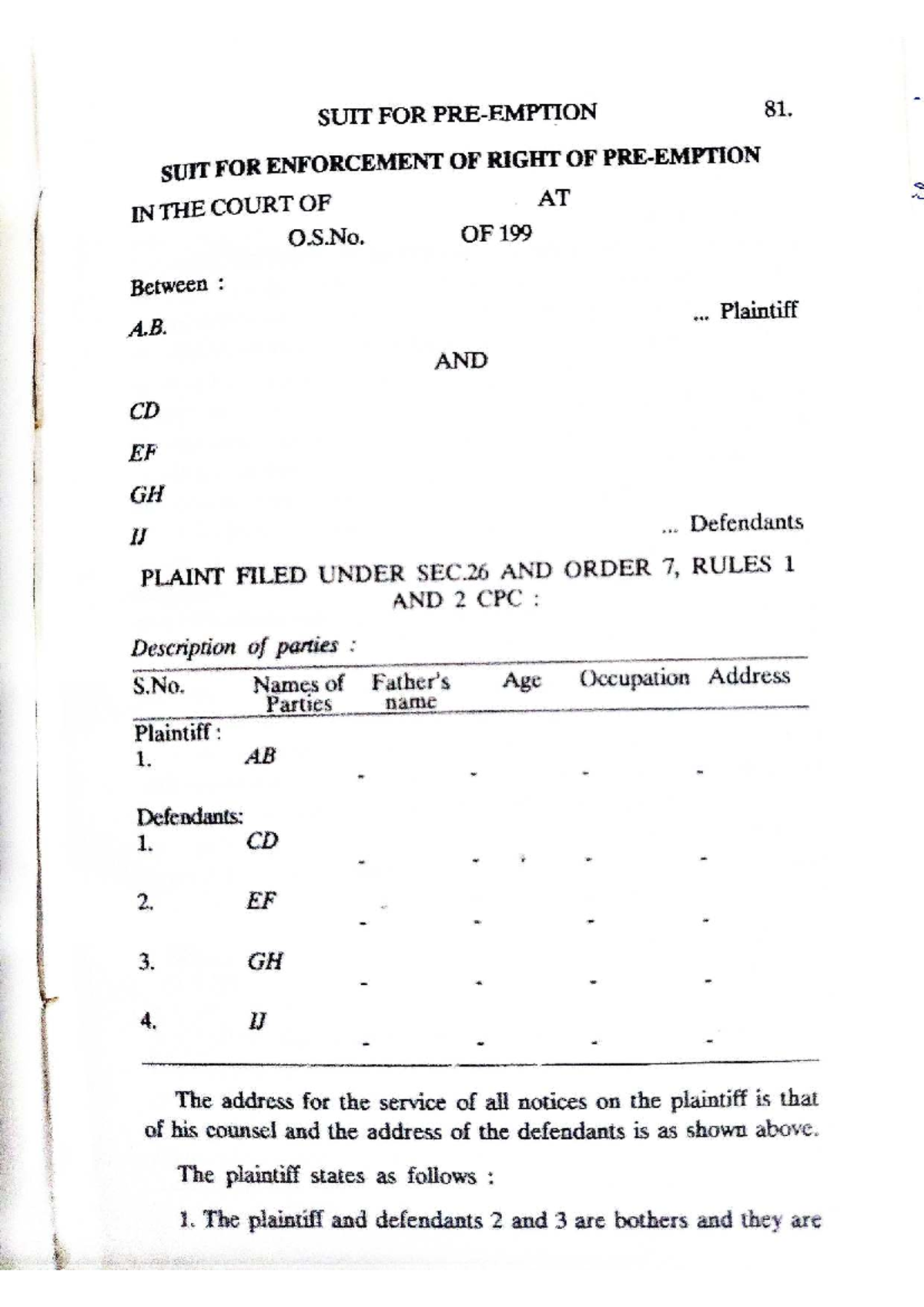 SUIT FOR 81: Enforcement of Right of Pre-Emption in O.S.No. - Studocu