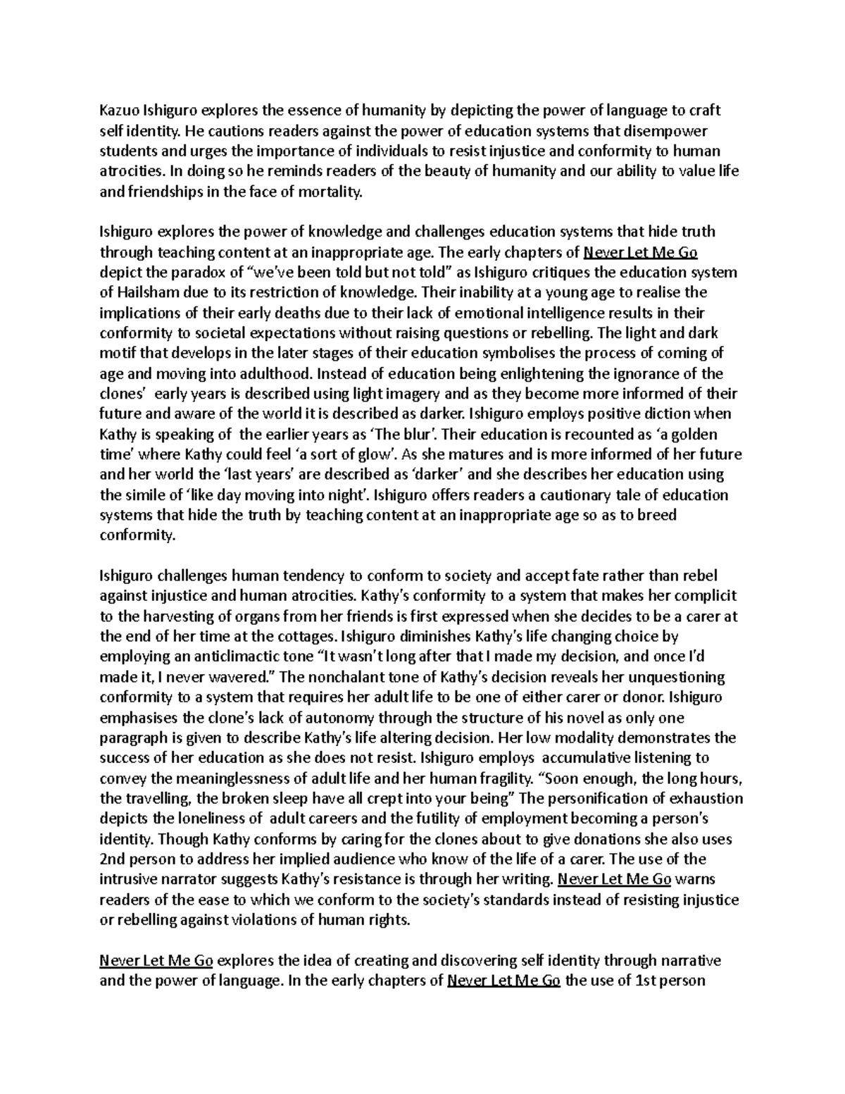 ENG 202 Never Let Me Go: A Critical Essay on Identity and Conformity ...