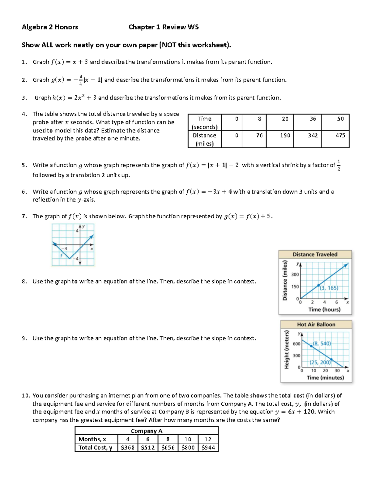WS Review Chapter 1-1 - description - Algebra 2 Honors Chapter 1 Review ...