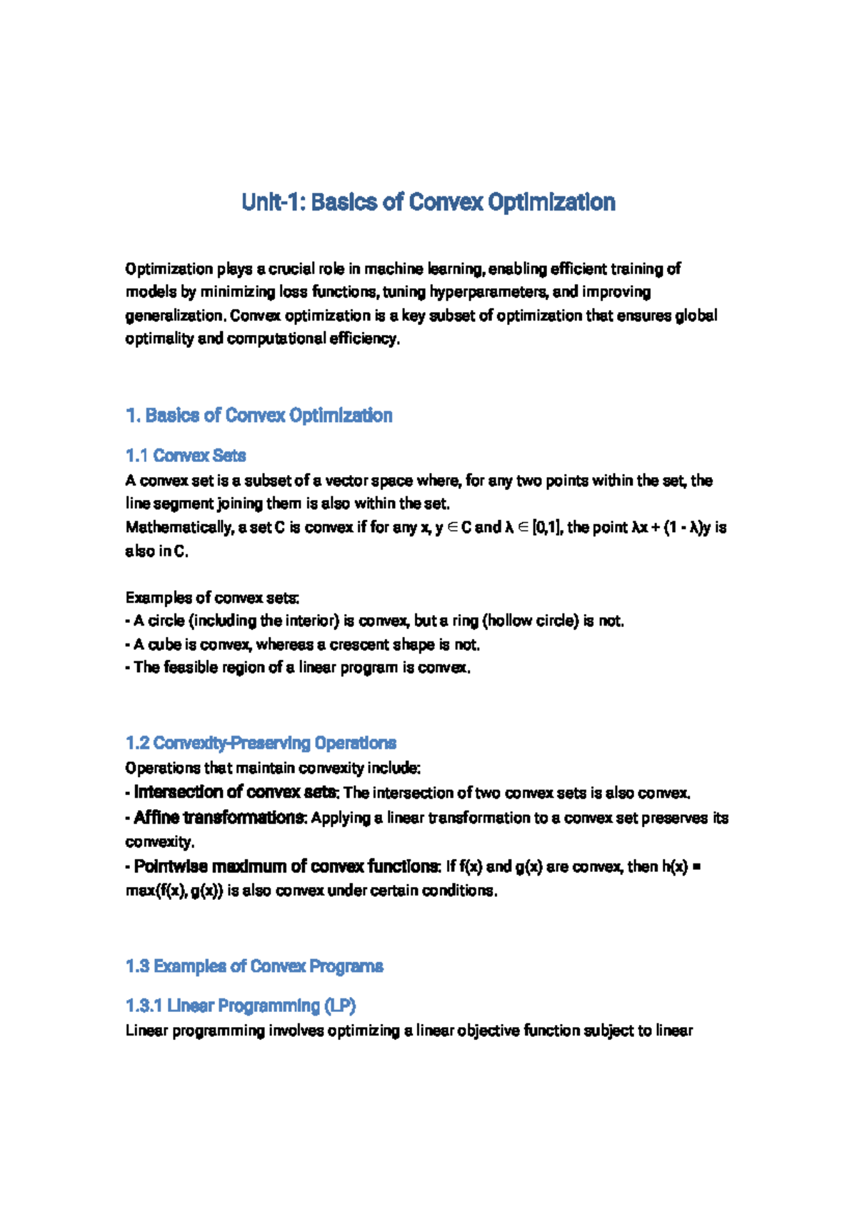 Unit 1: Basics of Convex Optimization - Short Notes for ML Applications ...